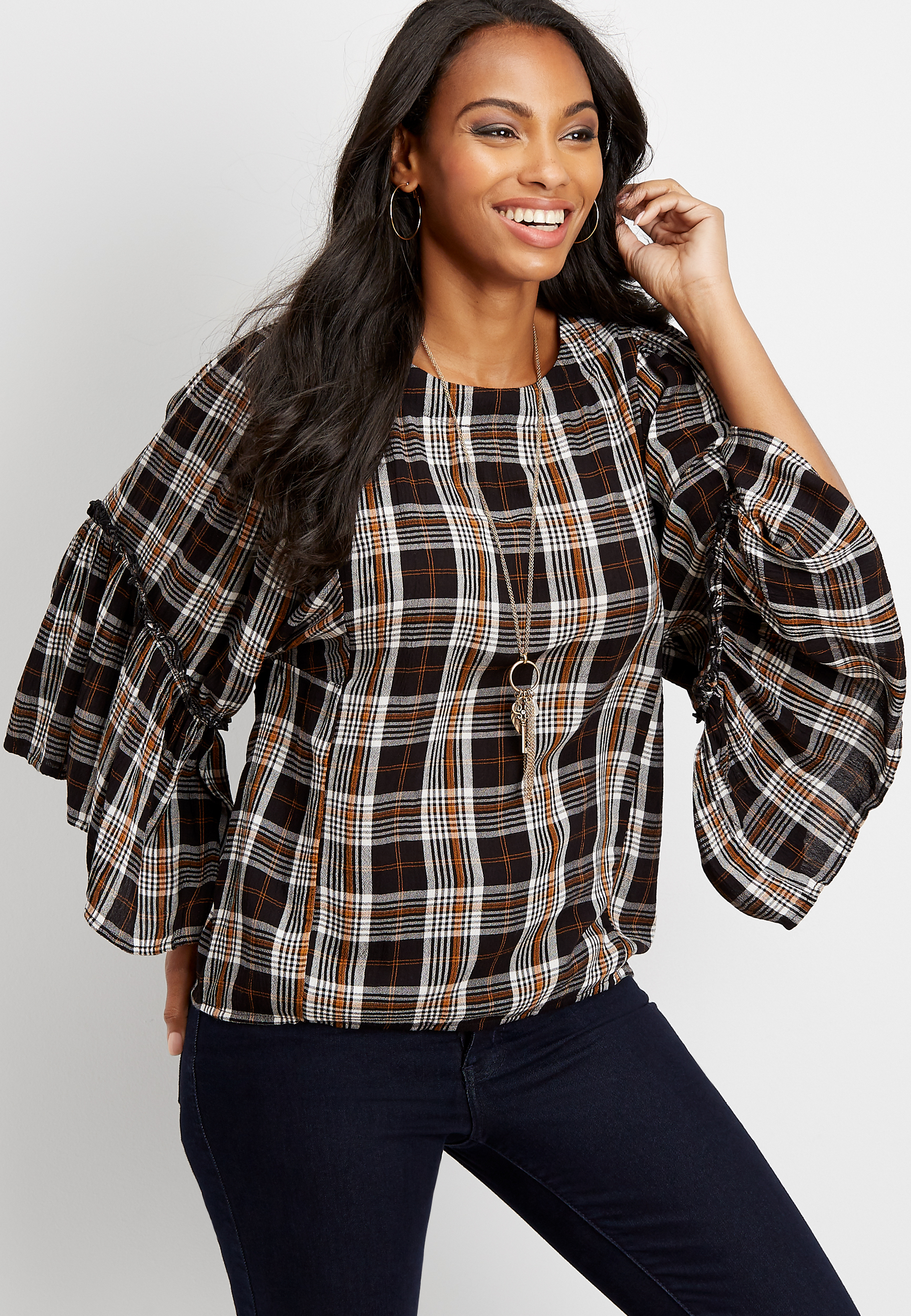 Plaid Kimono Sleeve Blouse maurices