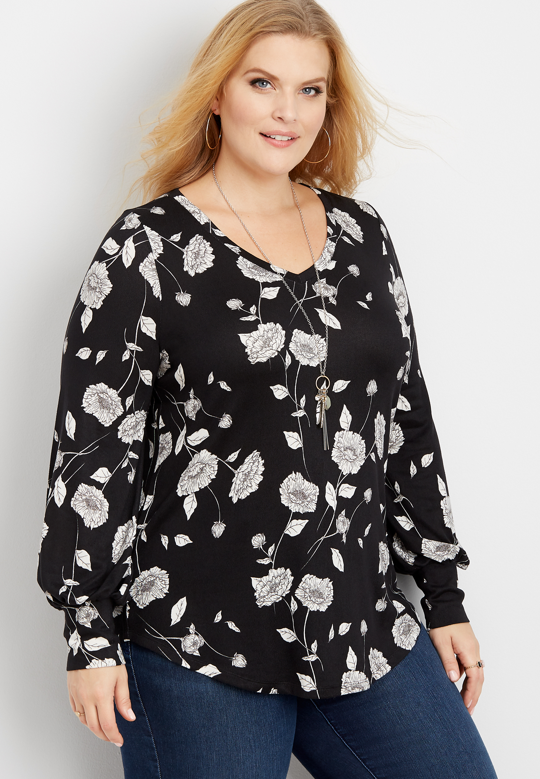 plus size 24/7 floral lantern sleeve tee | maurices