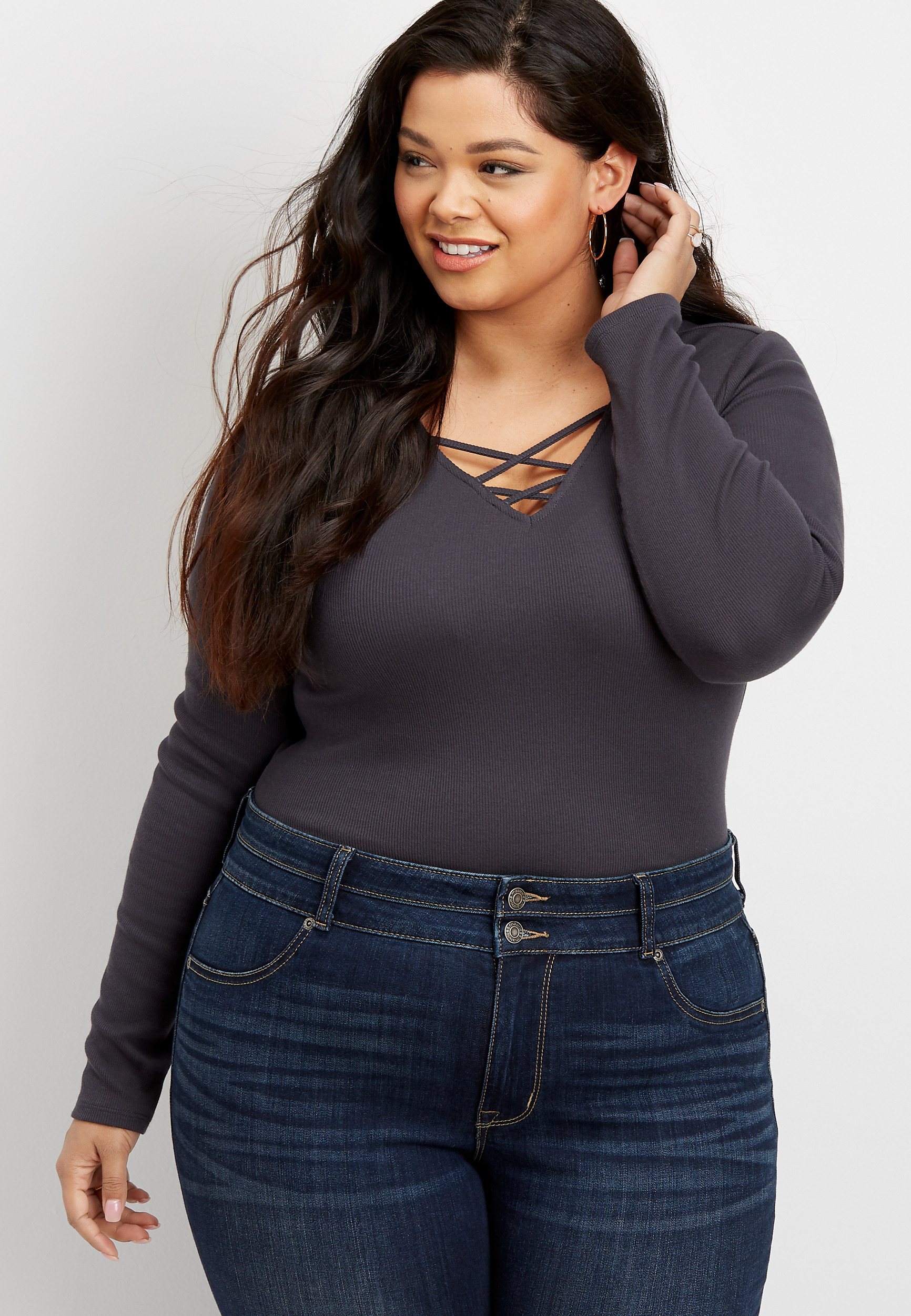 plus size 24/7 ribbed strappy neck bodysuit maurices