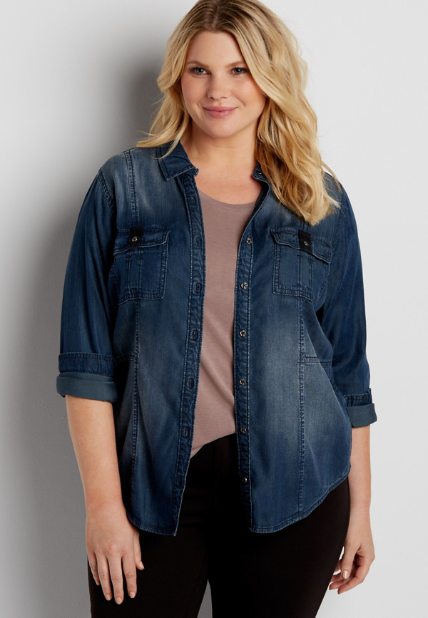 plus size chambray button down shirt with embroidered pocket flaps ...