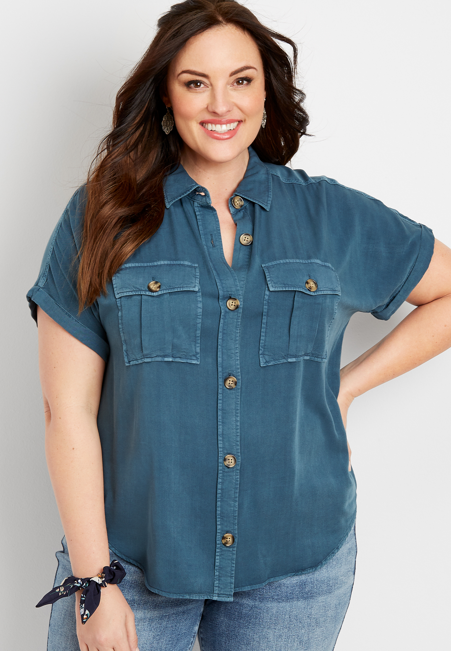 plus size short sleeve denim shirt