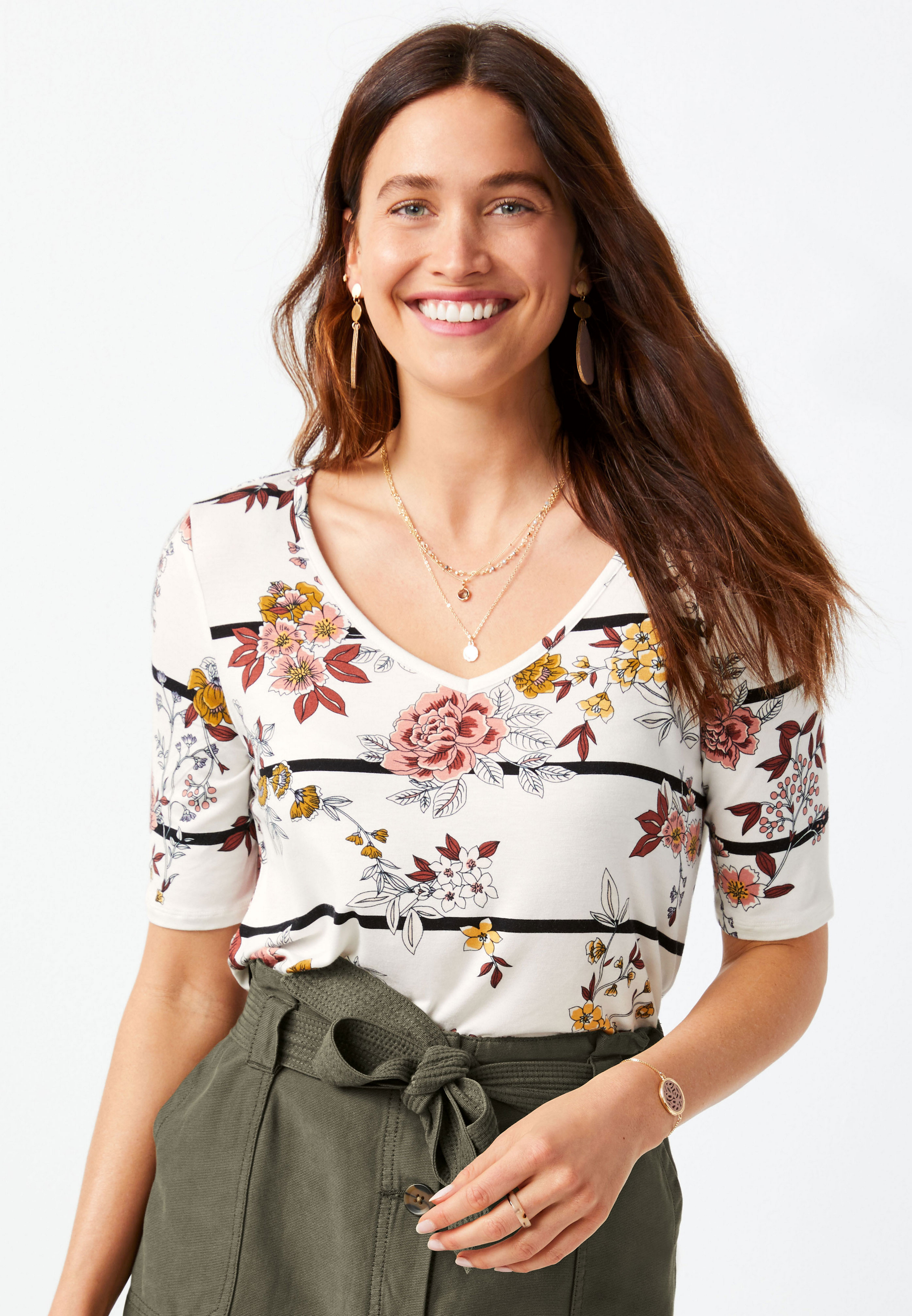 24/7 Flawless Stripe Floral Tunic Tee | maurices