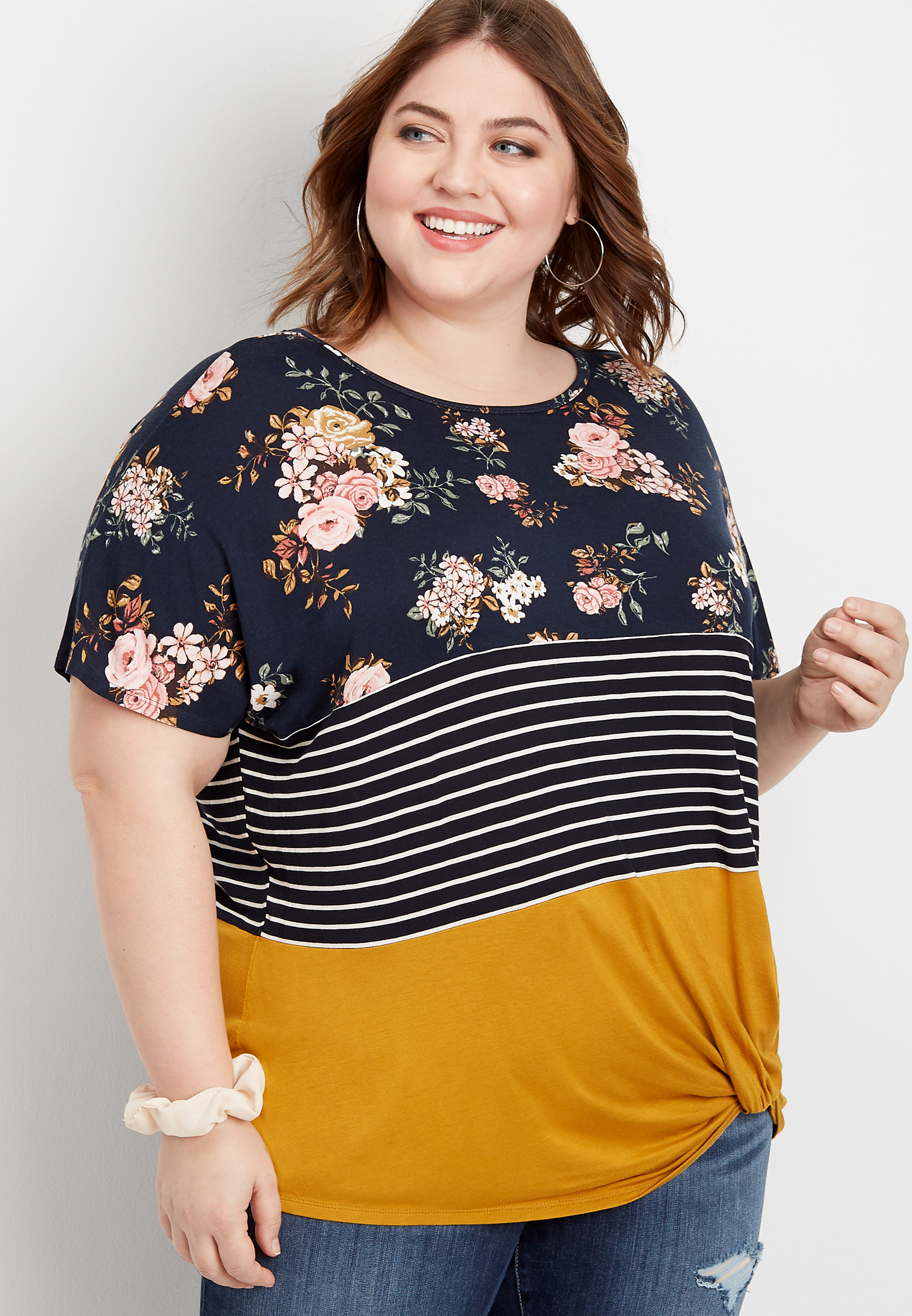 Plus Size 24/7 Floral Blocked Knot Hem Tee | maurices