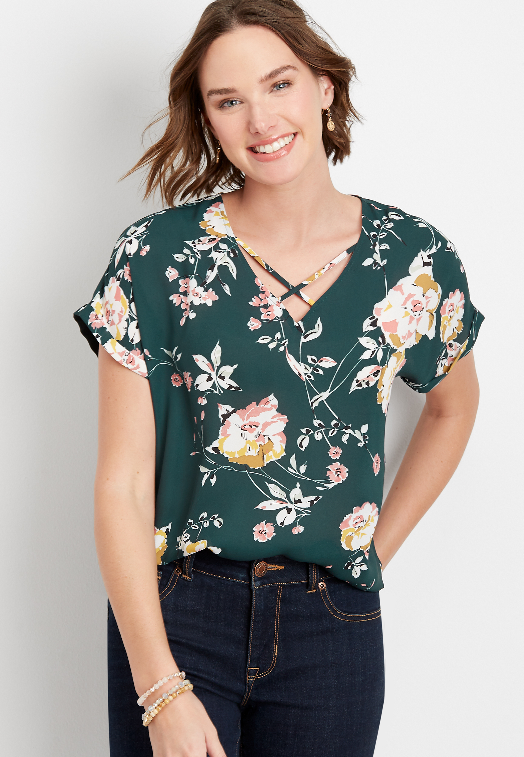 Floral Lattice Neck Blouse | maurices