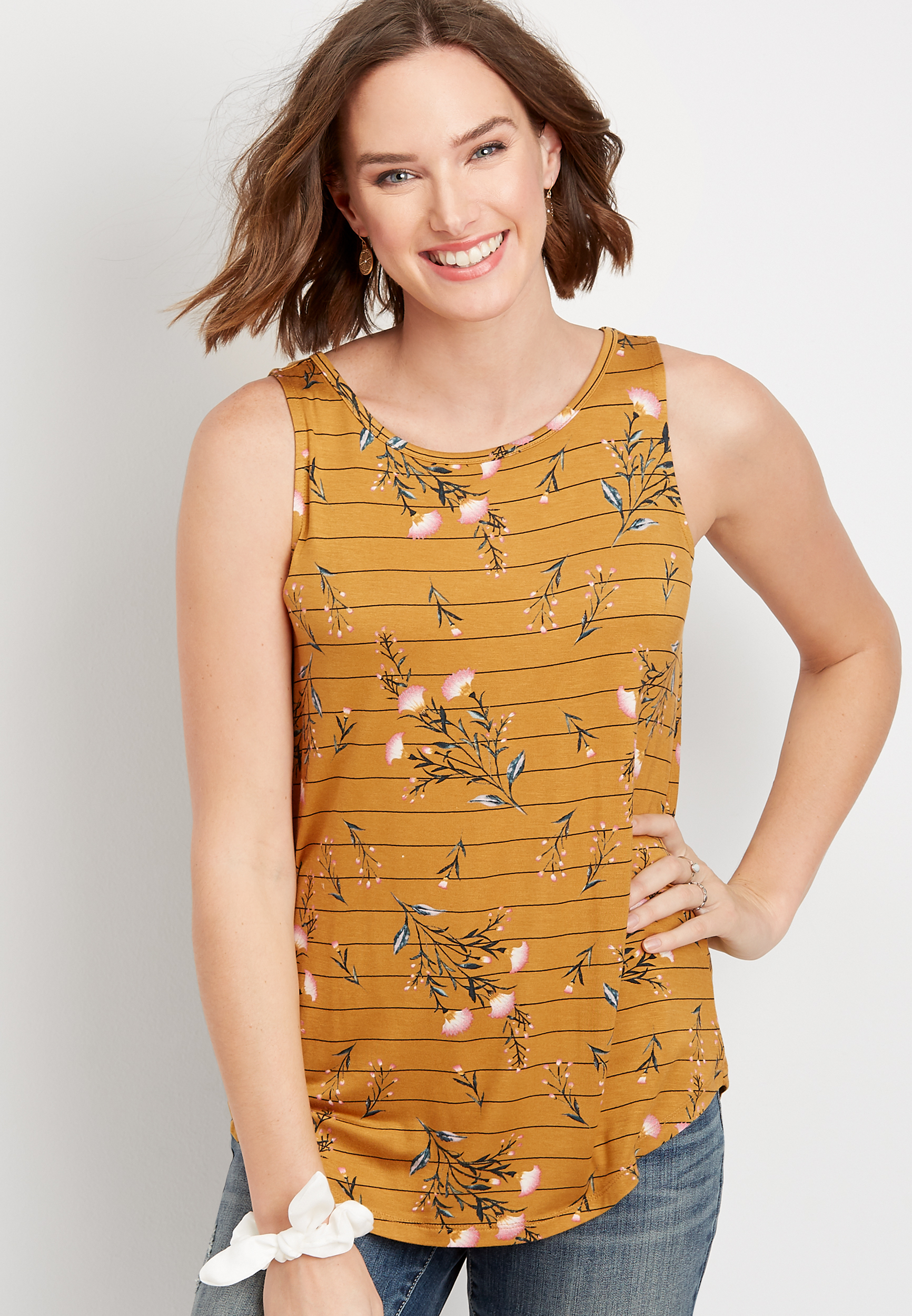 24/7 Floral Stripe High Neck Tank | maurices