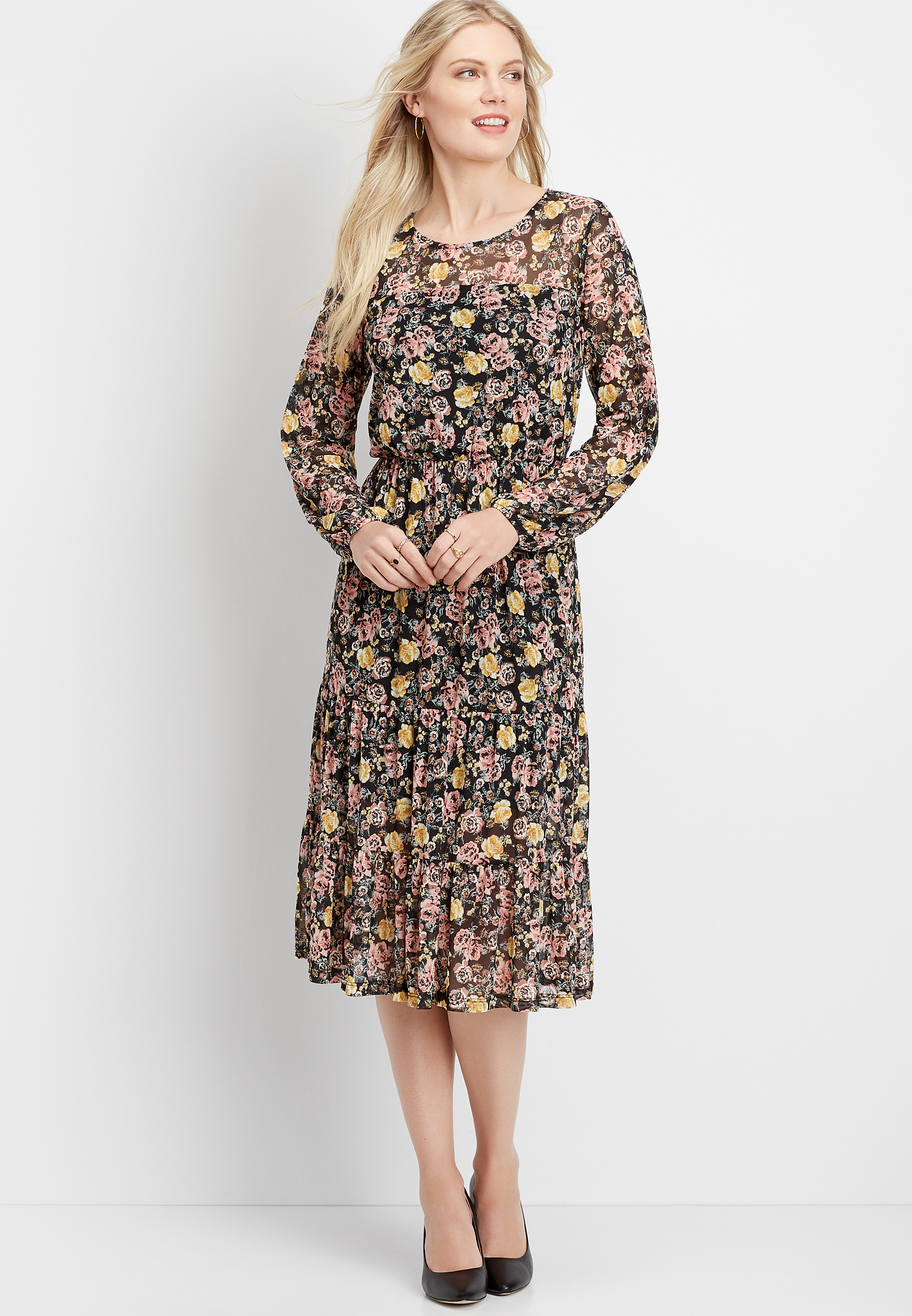 floral mesh midi dress