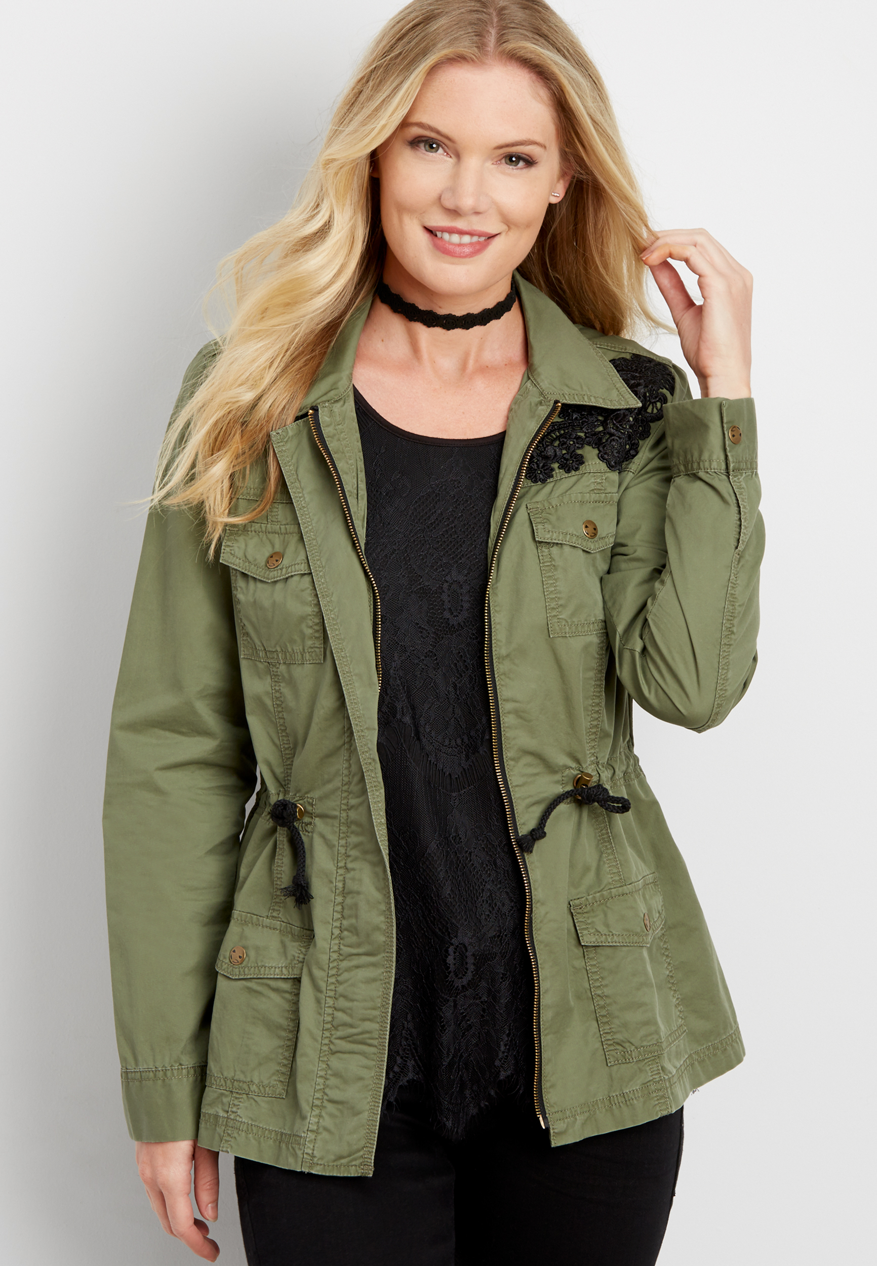 anorak jacket with crocheted overlay | maurices