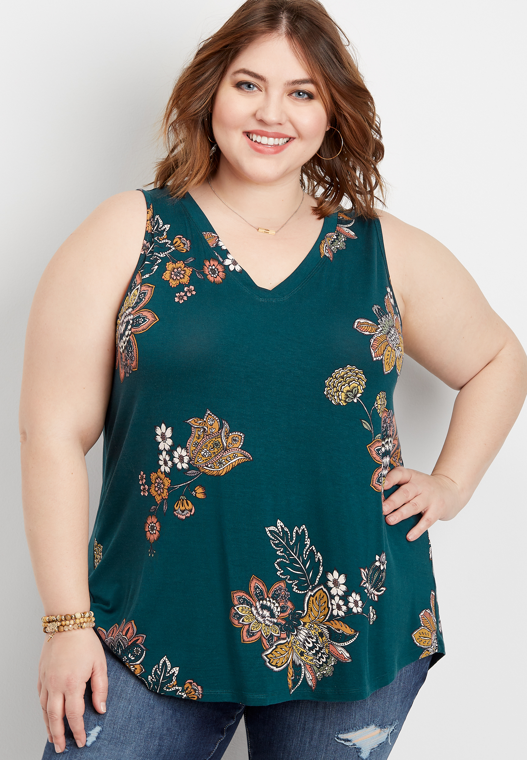 Plus Size 24/7 Floral V-Neck Tank | maurices