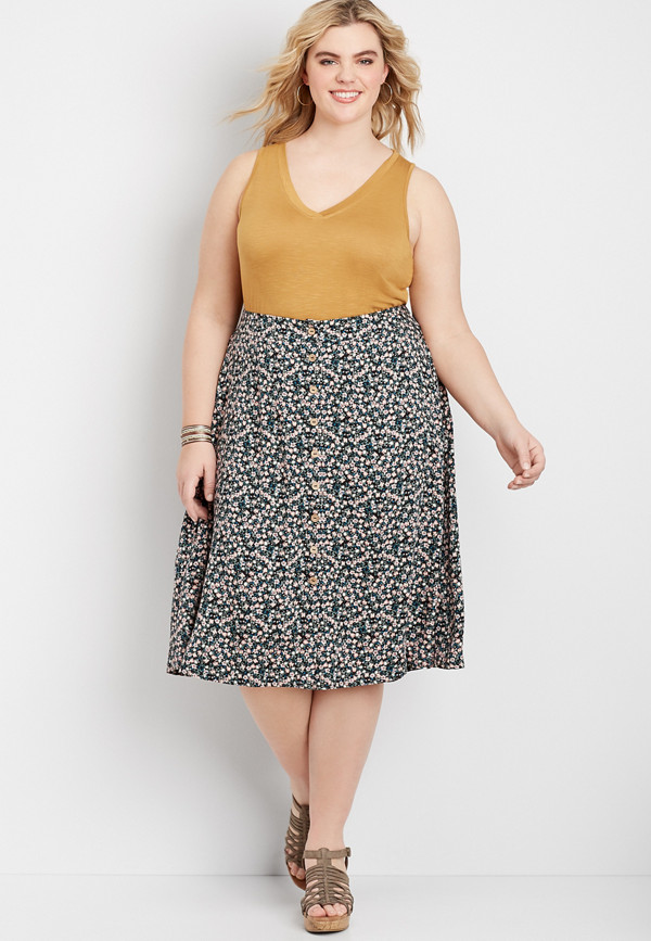 Plus Size Ditsy Floral Button Front Skirt | maurices
