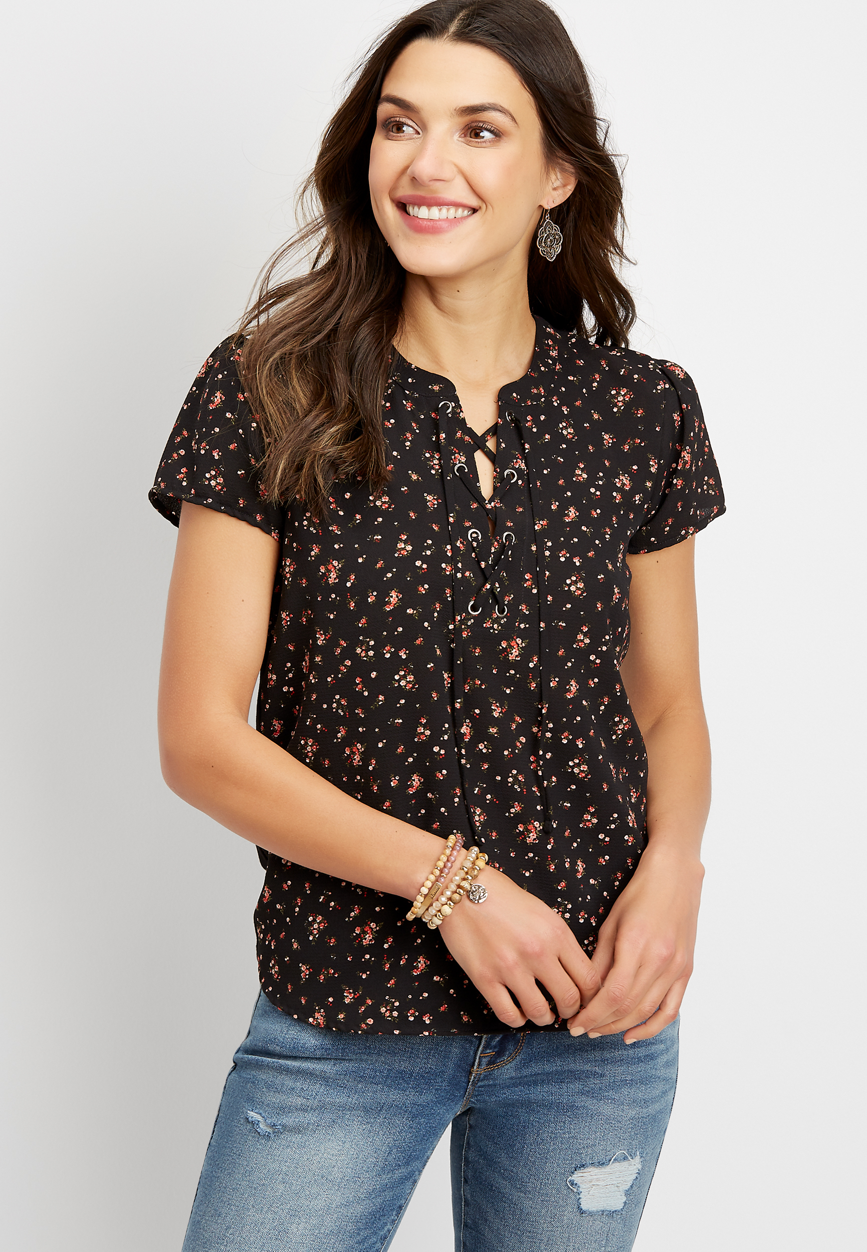 Ditsy Floral Grommet Lace Up Blouse | maurices