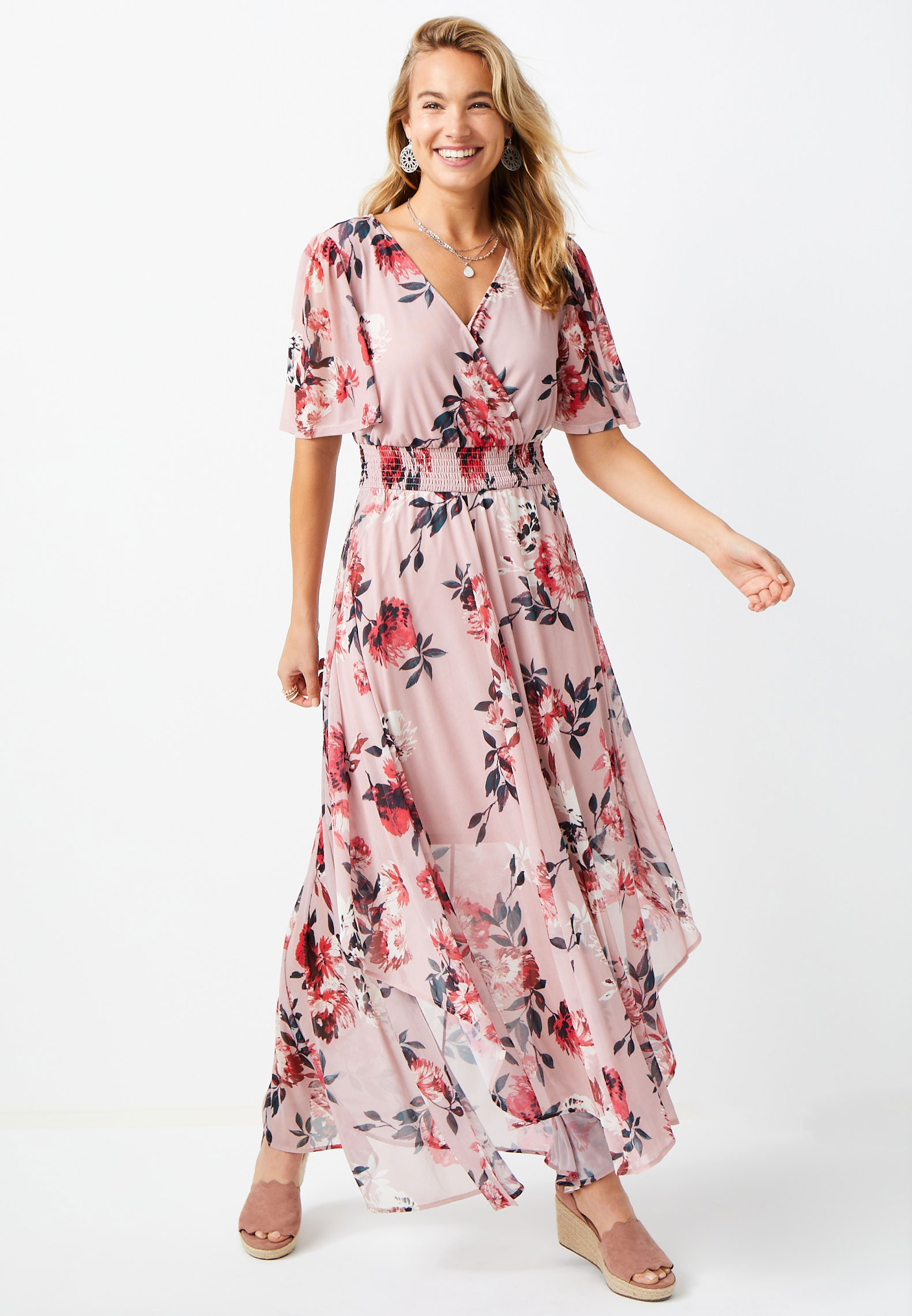 Pink Short Sleeve Floral Maxi Dress 