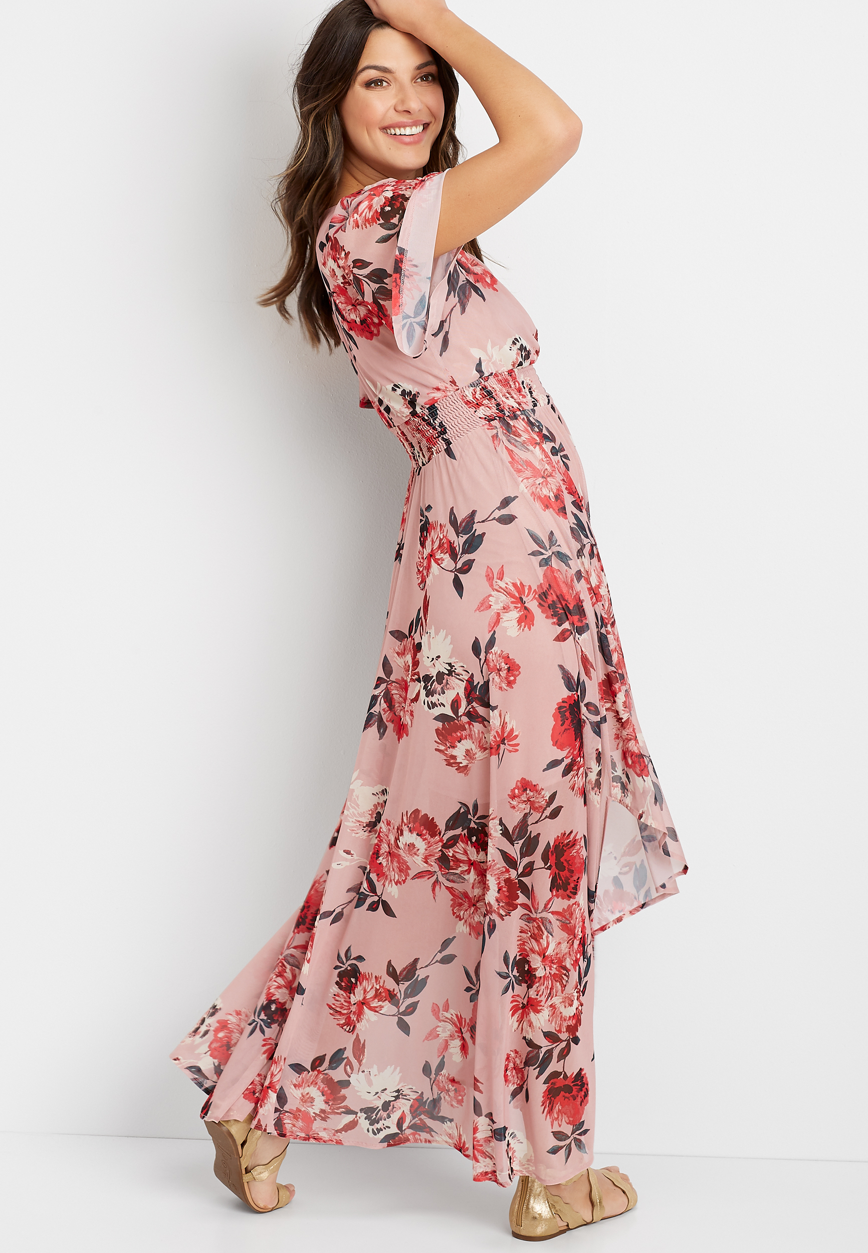 short sleeve floral long dresses