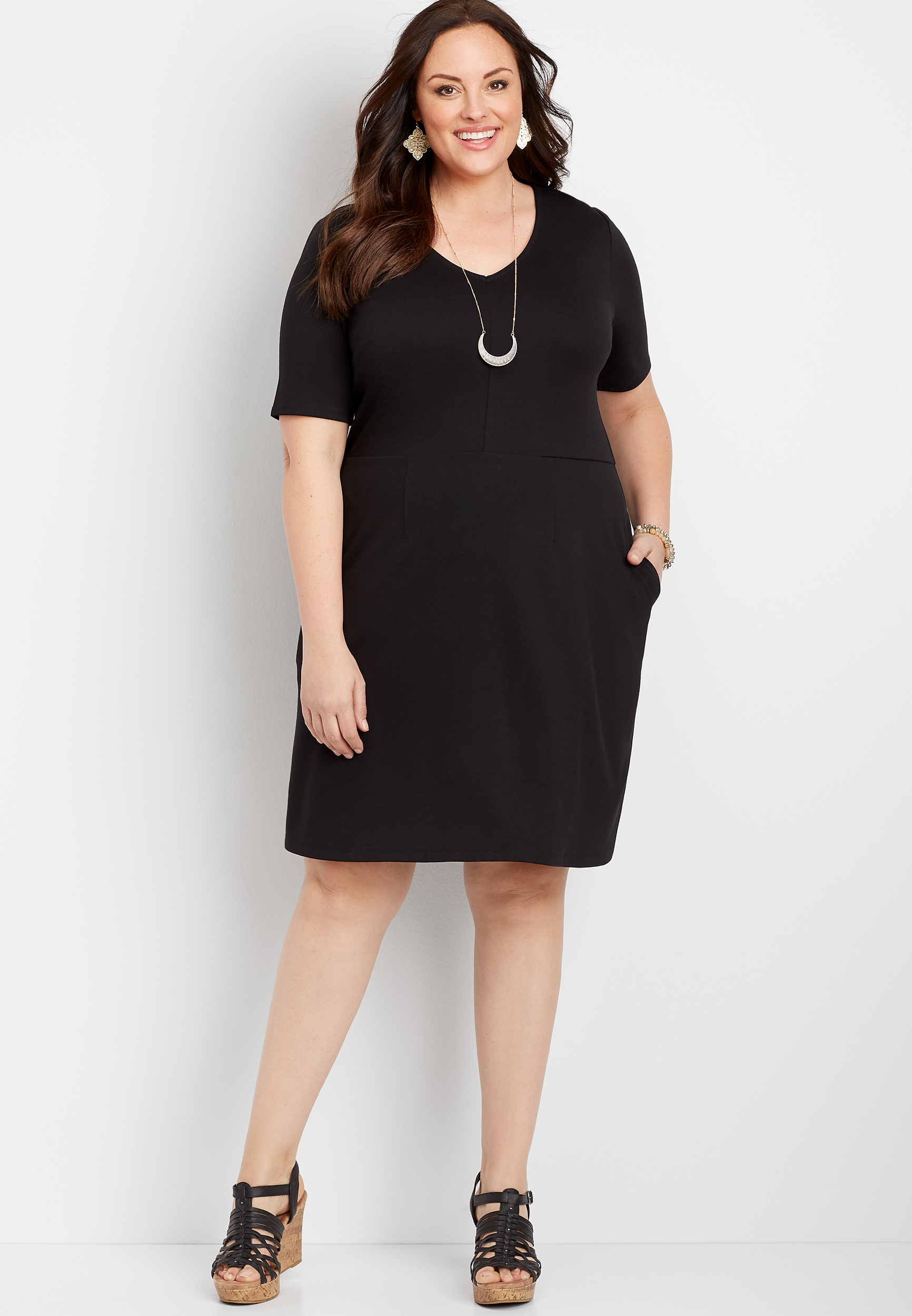 Plus Size Black Ponte Short Sleeve Skater Dress maurices