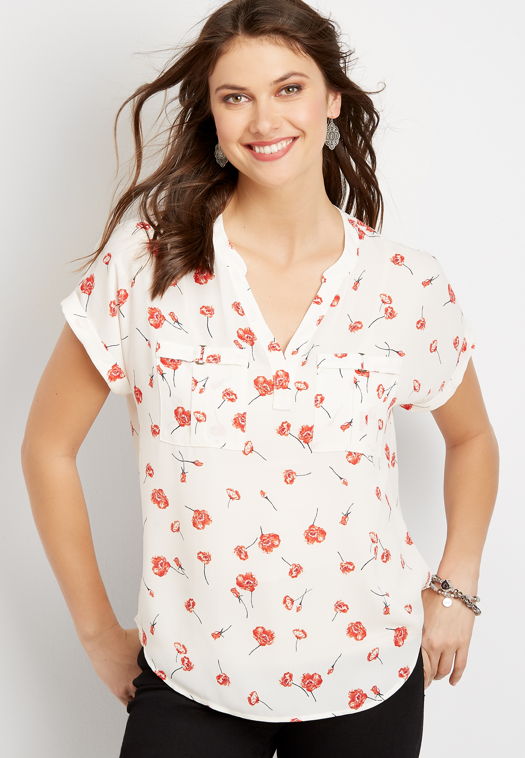 Red Floral Pocket Blouse | maurices