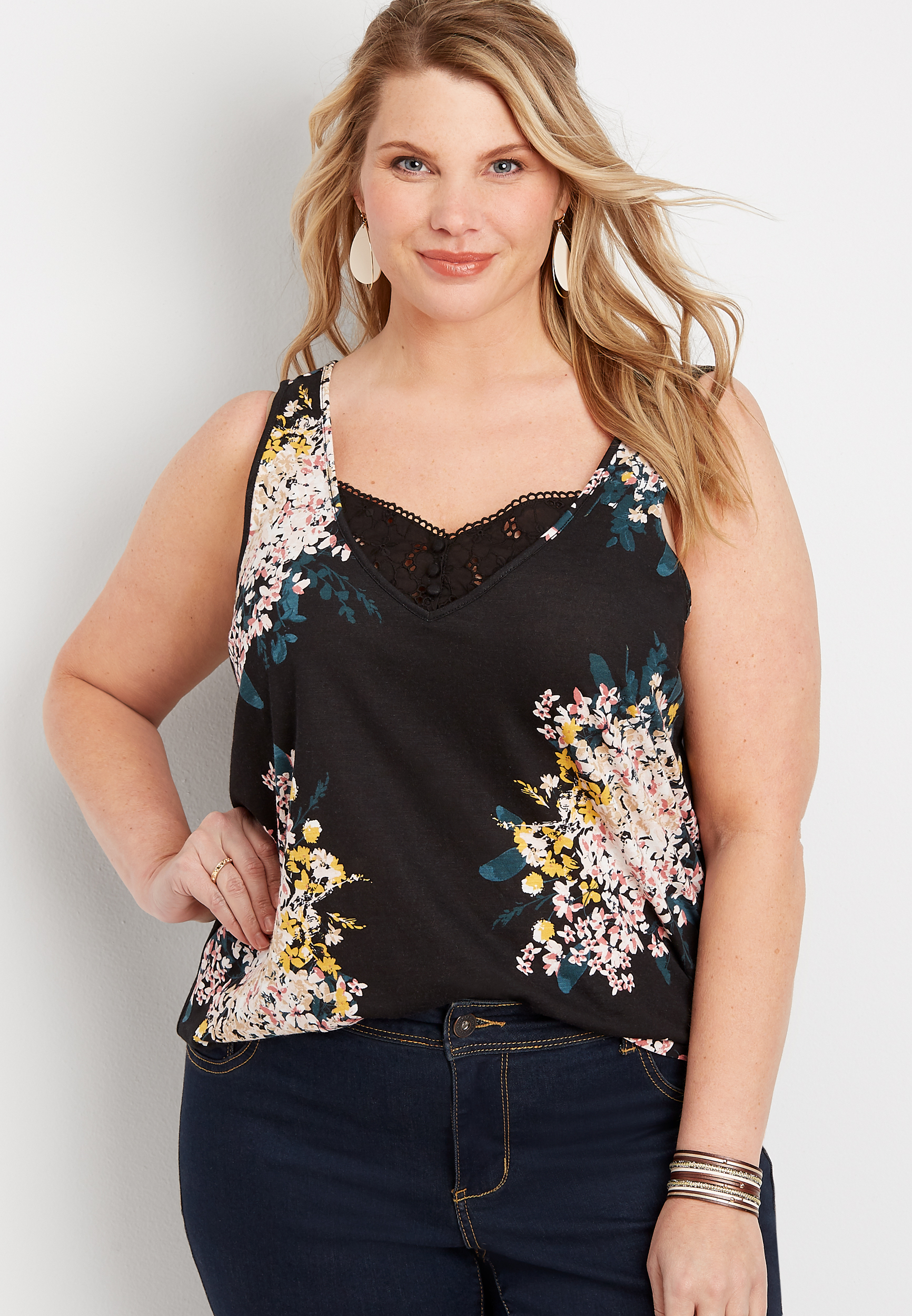 Plus Size 24/7 Black Floral Eyelet Tank Top | maurices