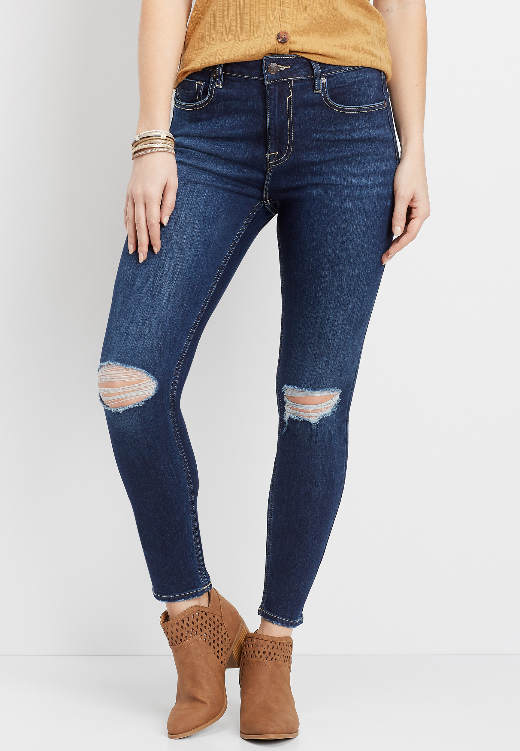 Image of Vigoss® Womens Classic Ace High Rise Dark Destructed Skinny Jeans Blue - Maurices