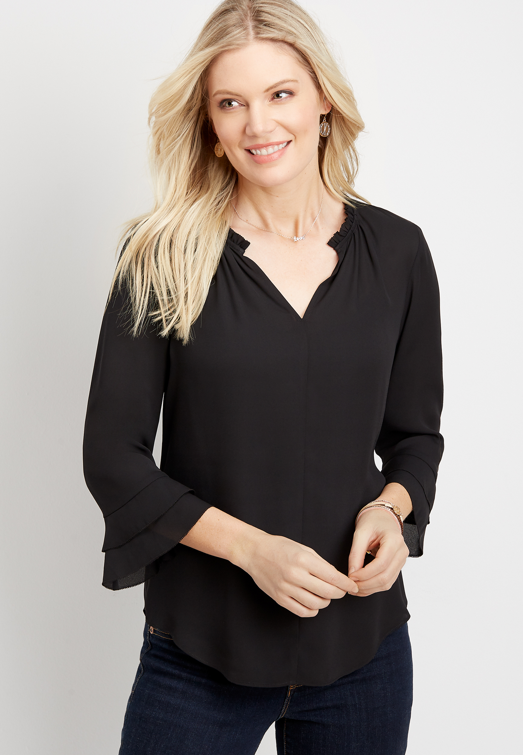 Black Ruffle Neck Blouse | maurices