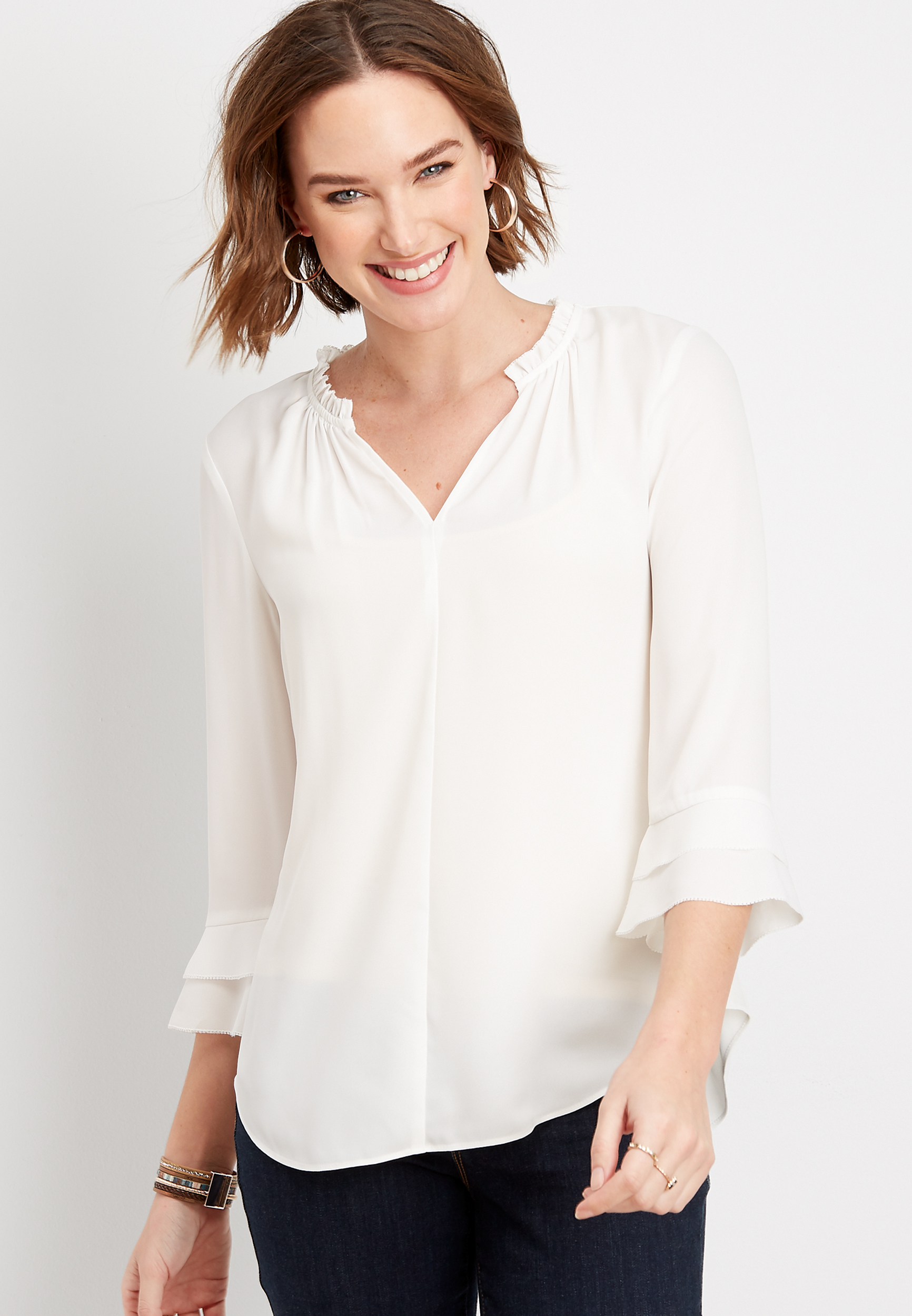 White Ruffle Neck Blouse | maurices