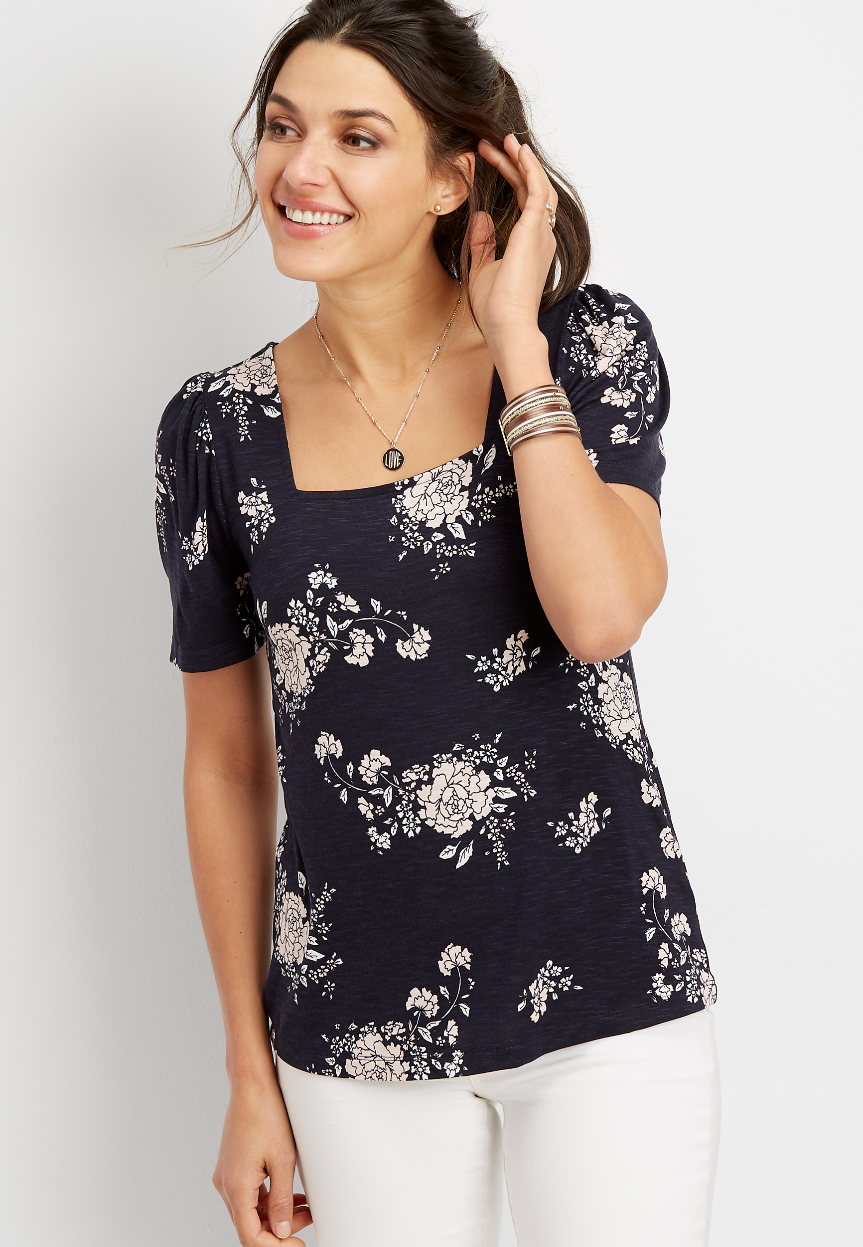 24/7 Floral Square Neck Tee | maurices