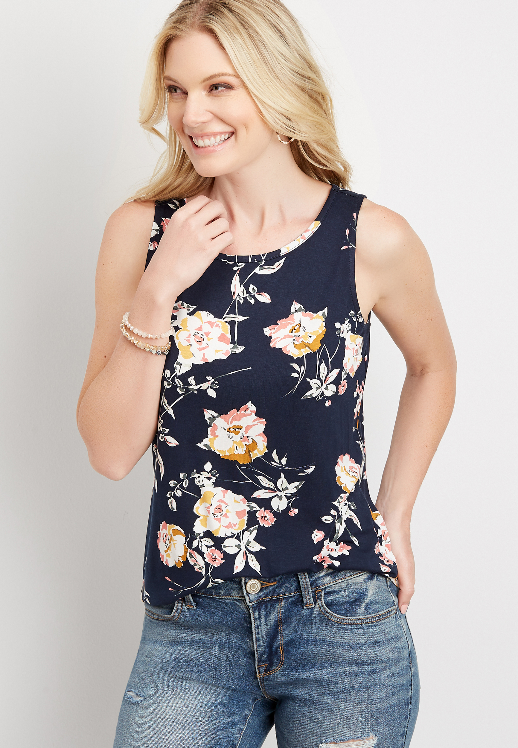 24/7 Blue Floral High Neck Tank Top | maurices