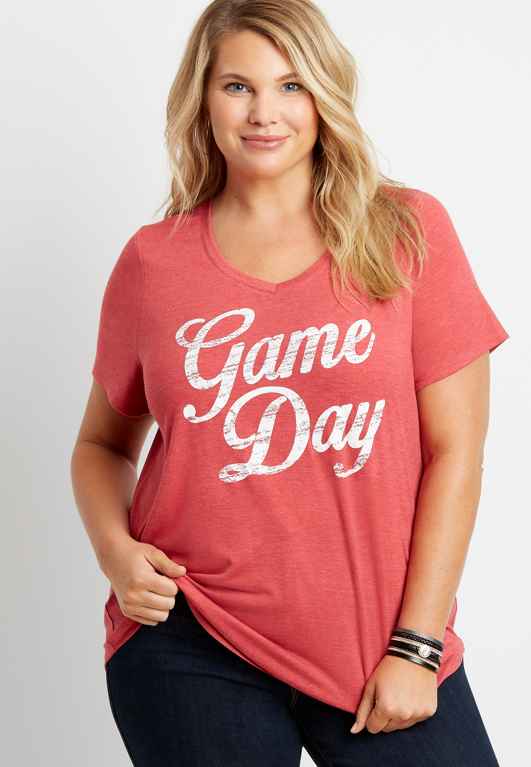 Plus Size Red Game Day V Neck Graphic Tee | maurices