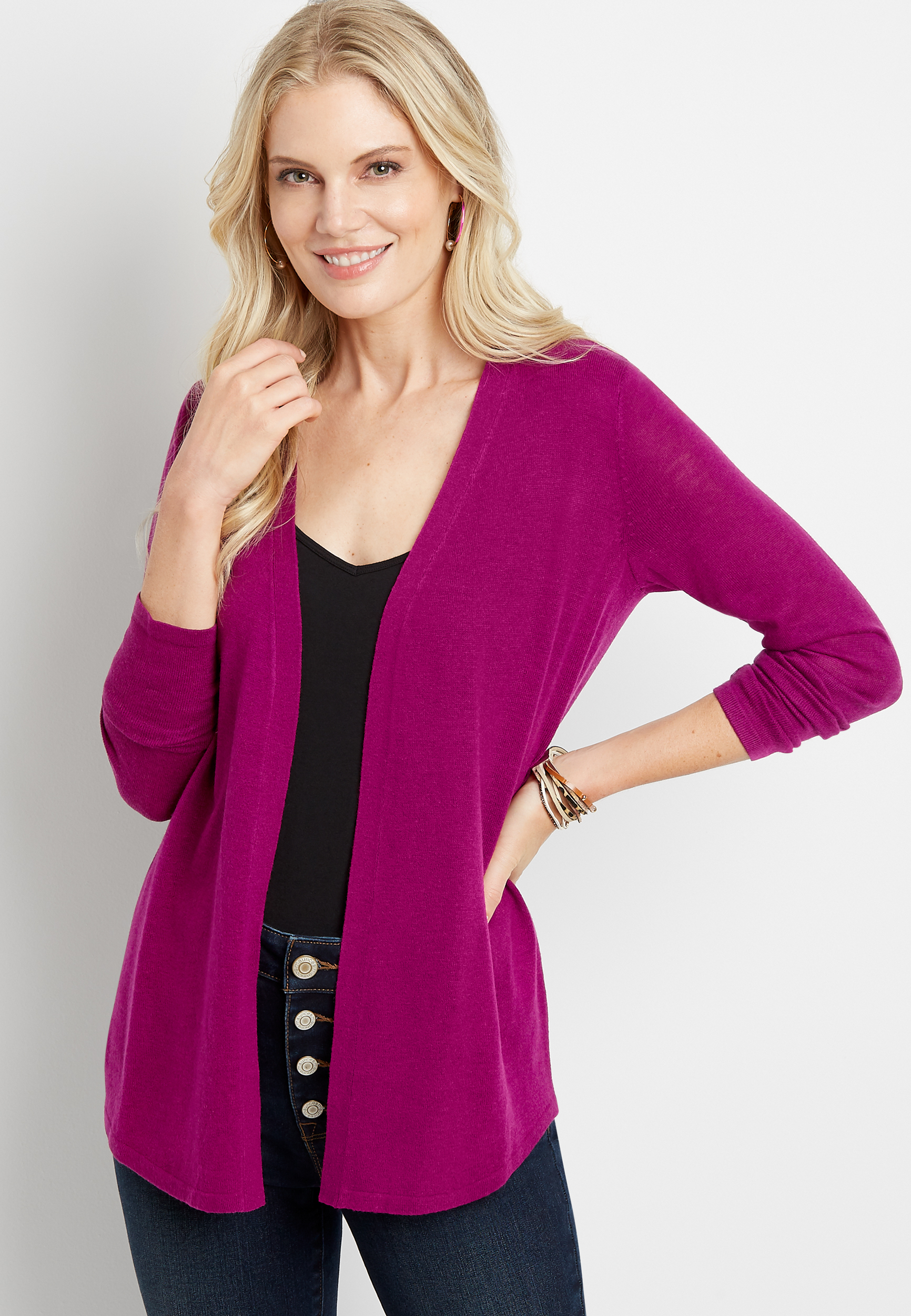 Solid Pointelle Back Open Front Cardigan | maurices