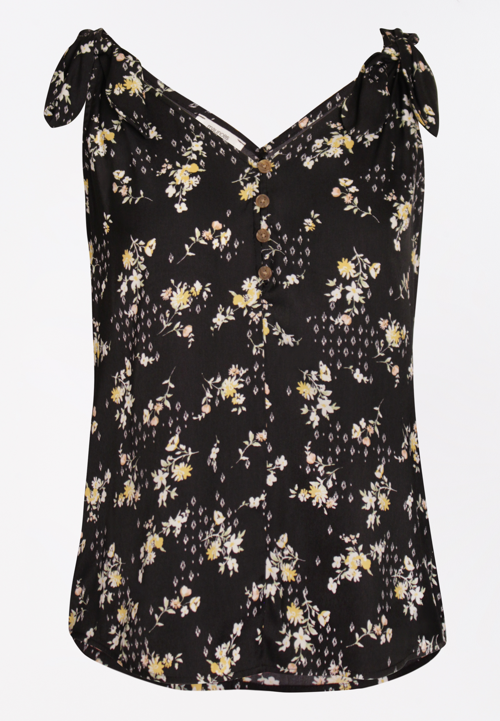 Black Floral Bow Strap Henley Tank Top | maurices