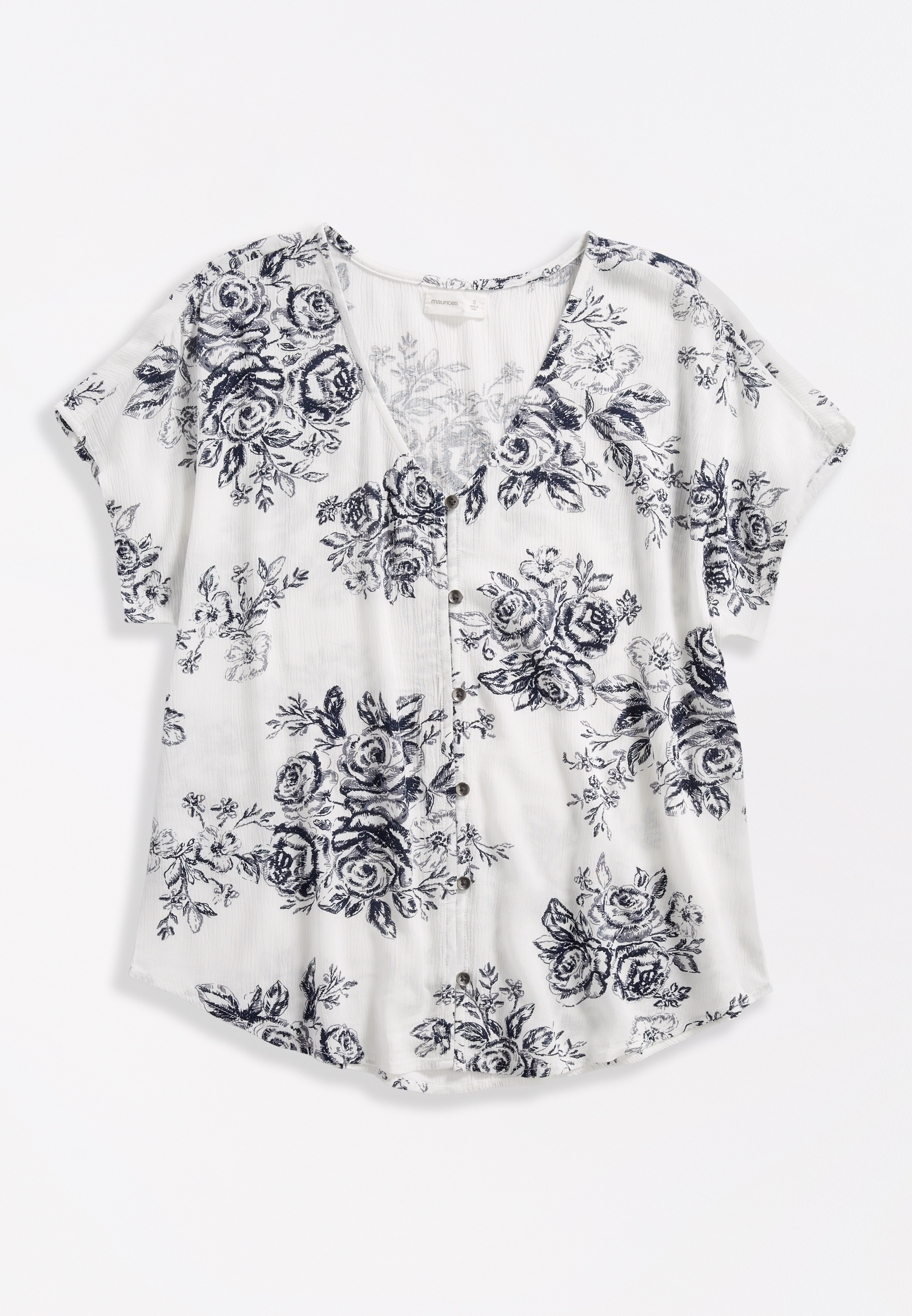 White & Blue Floral Print V Neck Button Front Blouse | maurices