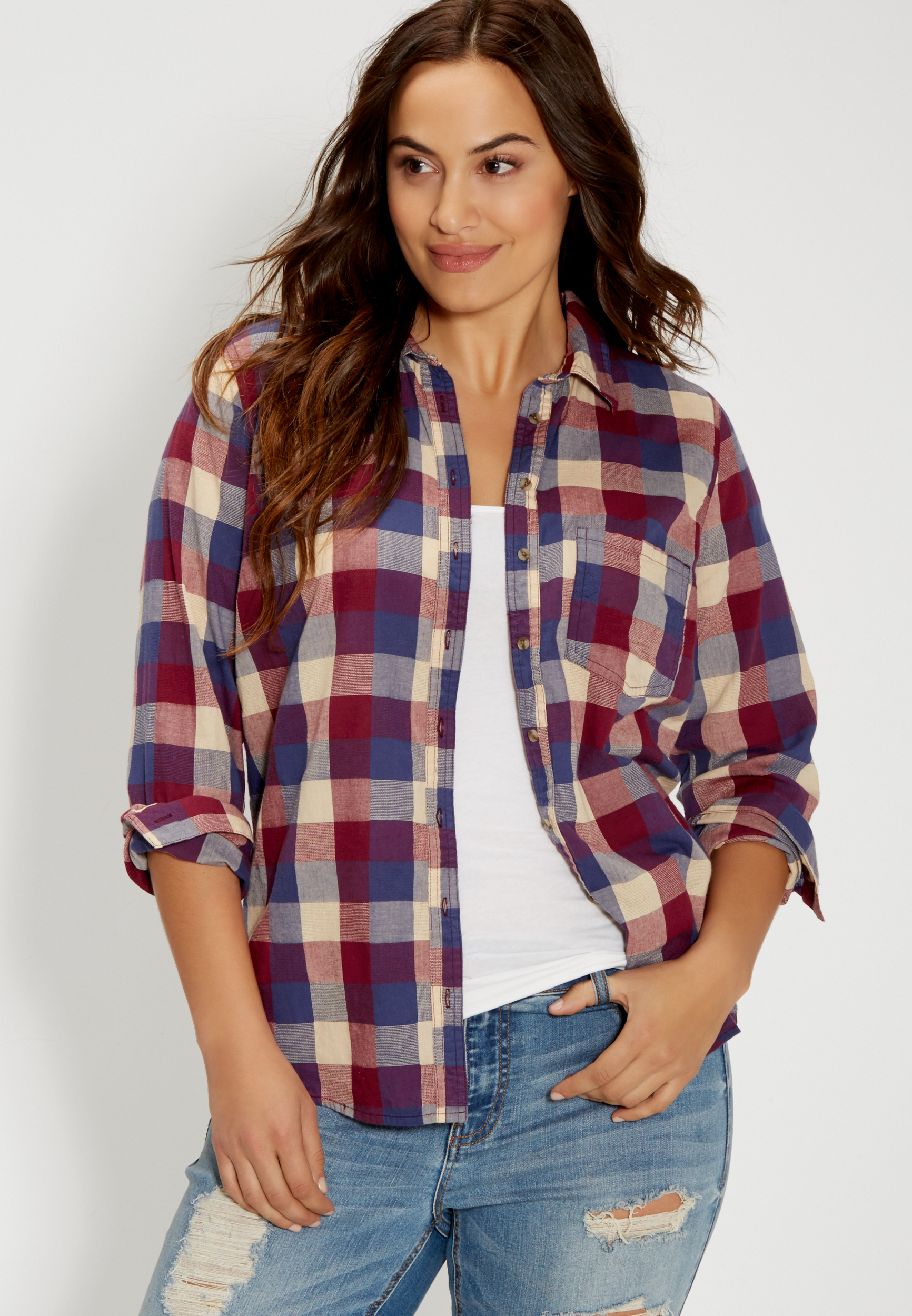 plus size button down plaid shirt | maurices