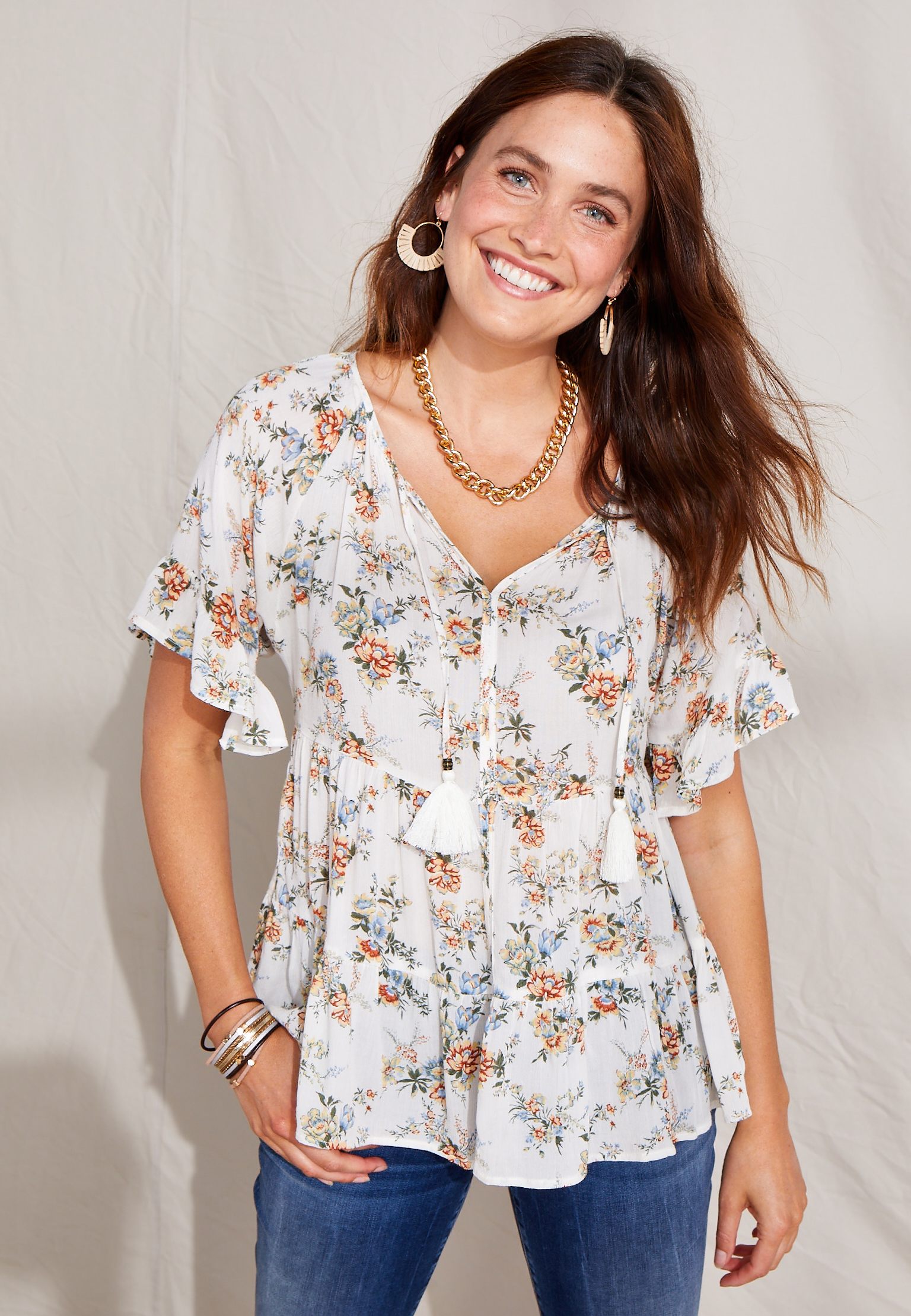 White Floral Tiered Peasant Top | maurices