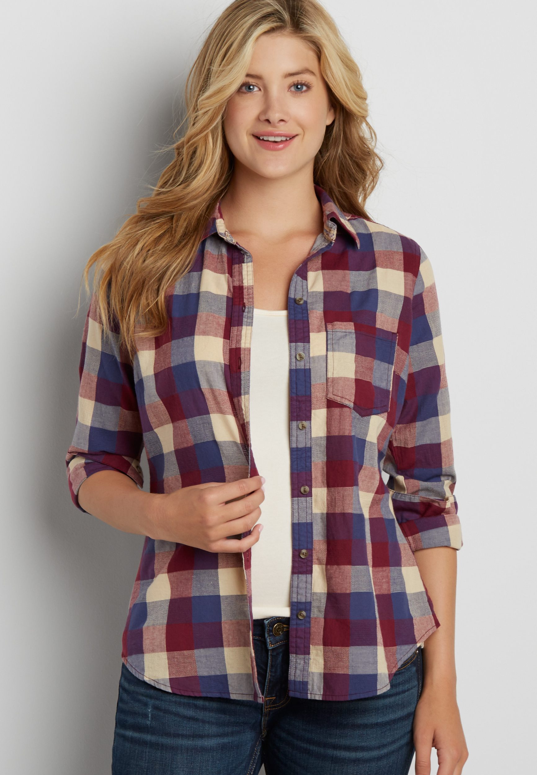 button down multicolor buffalo plaid shirt | maurices