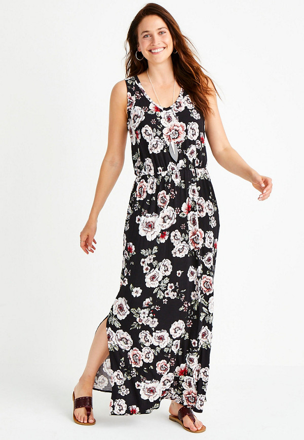 Black Floral Strappy Back Maxi Dress | maurices