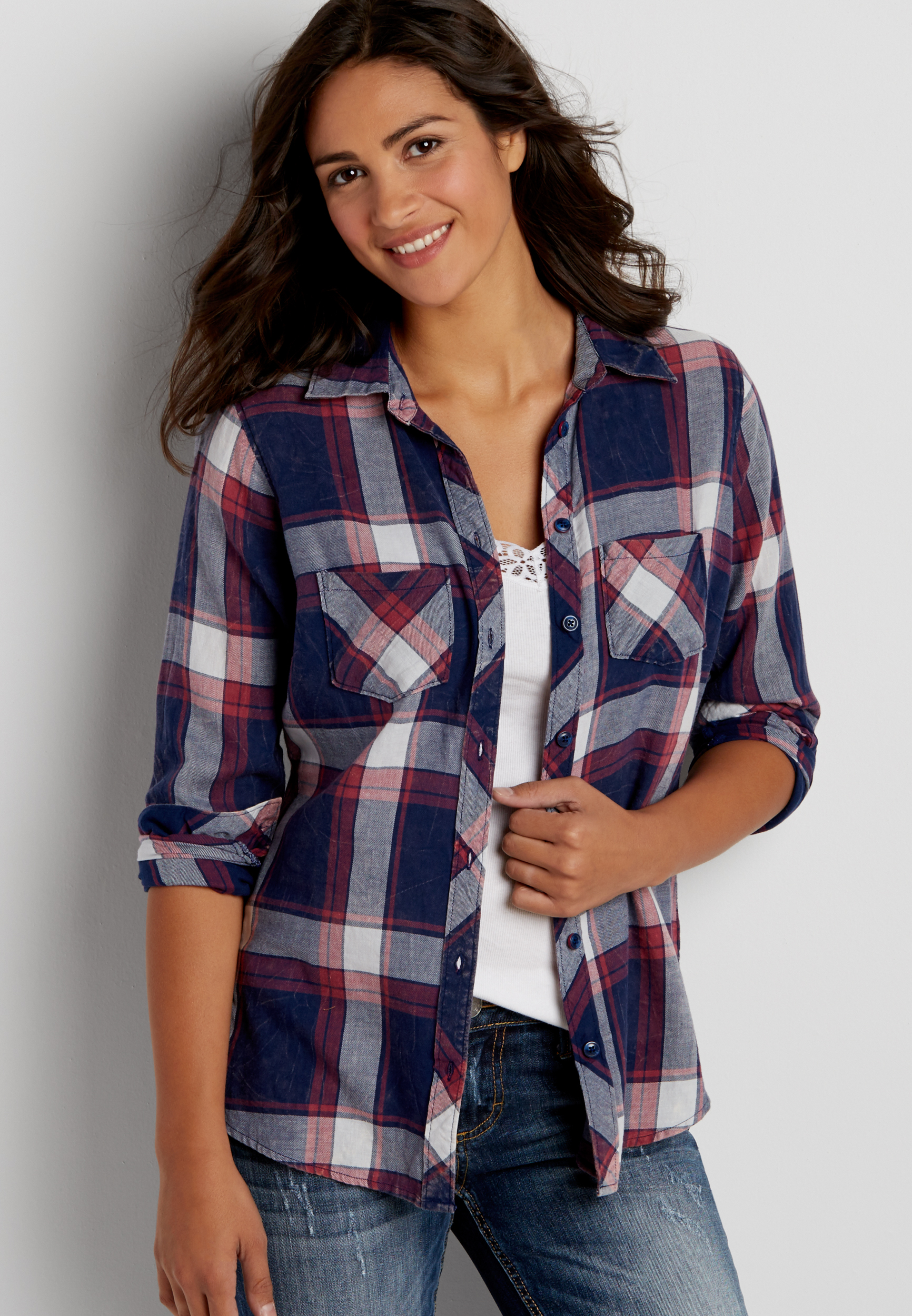 distressed button down plaid shirt in blue and red | maurices