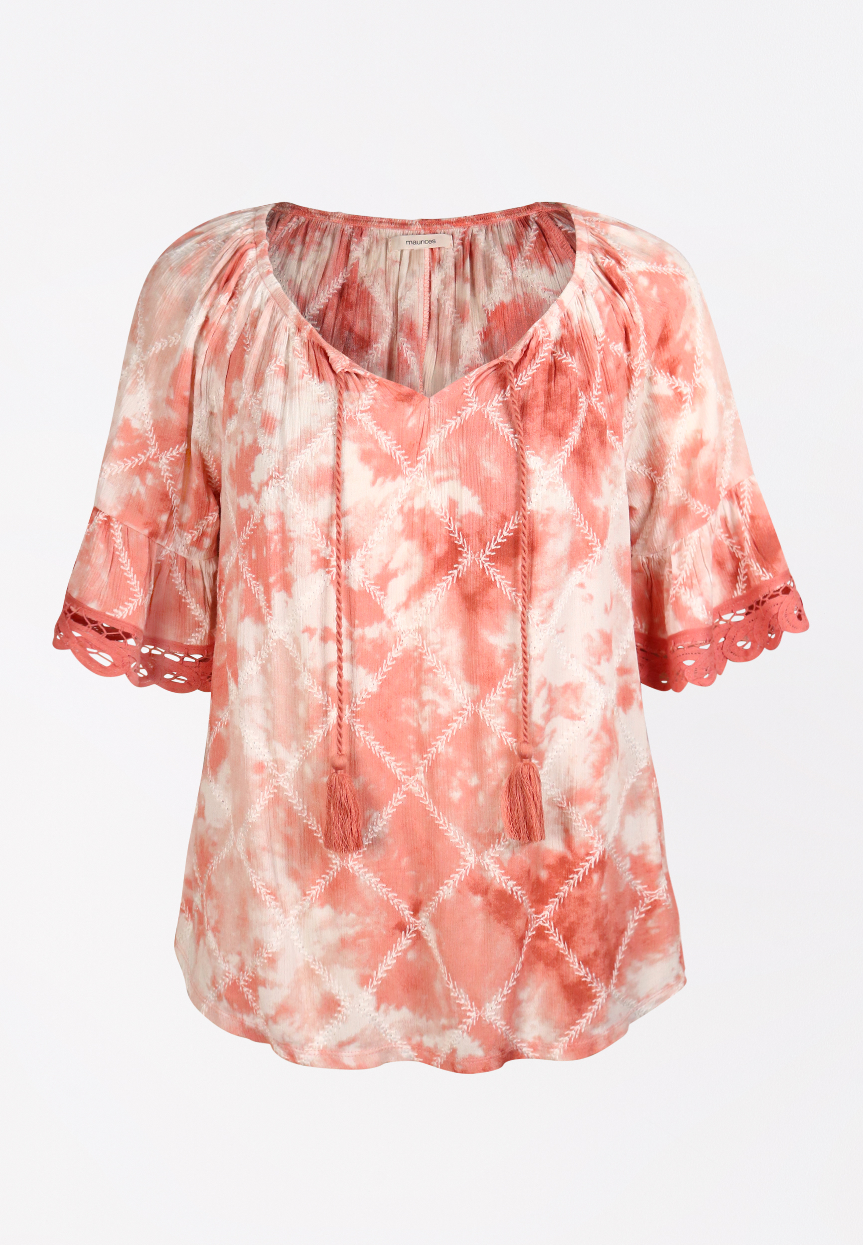 Pink Tie Dye Embroidered Trim Peasant Top | maurices