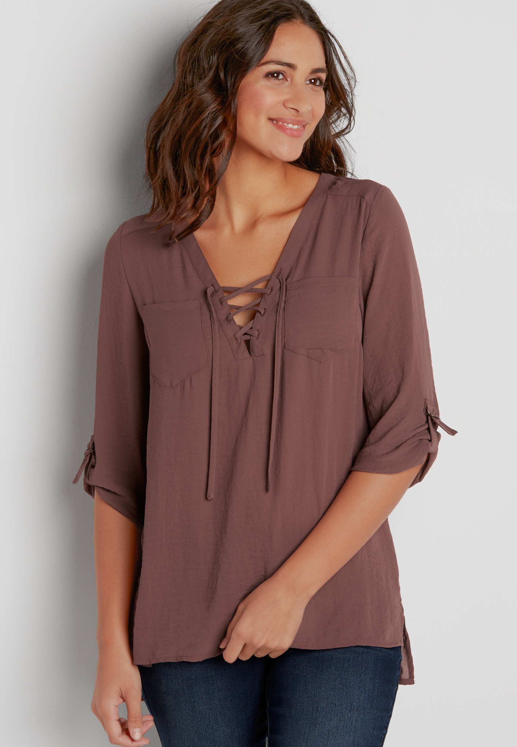 the perfect blouse with lace up neckline in clove brown | maurices