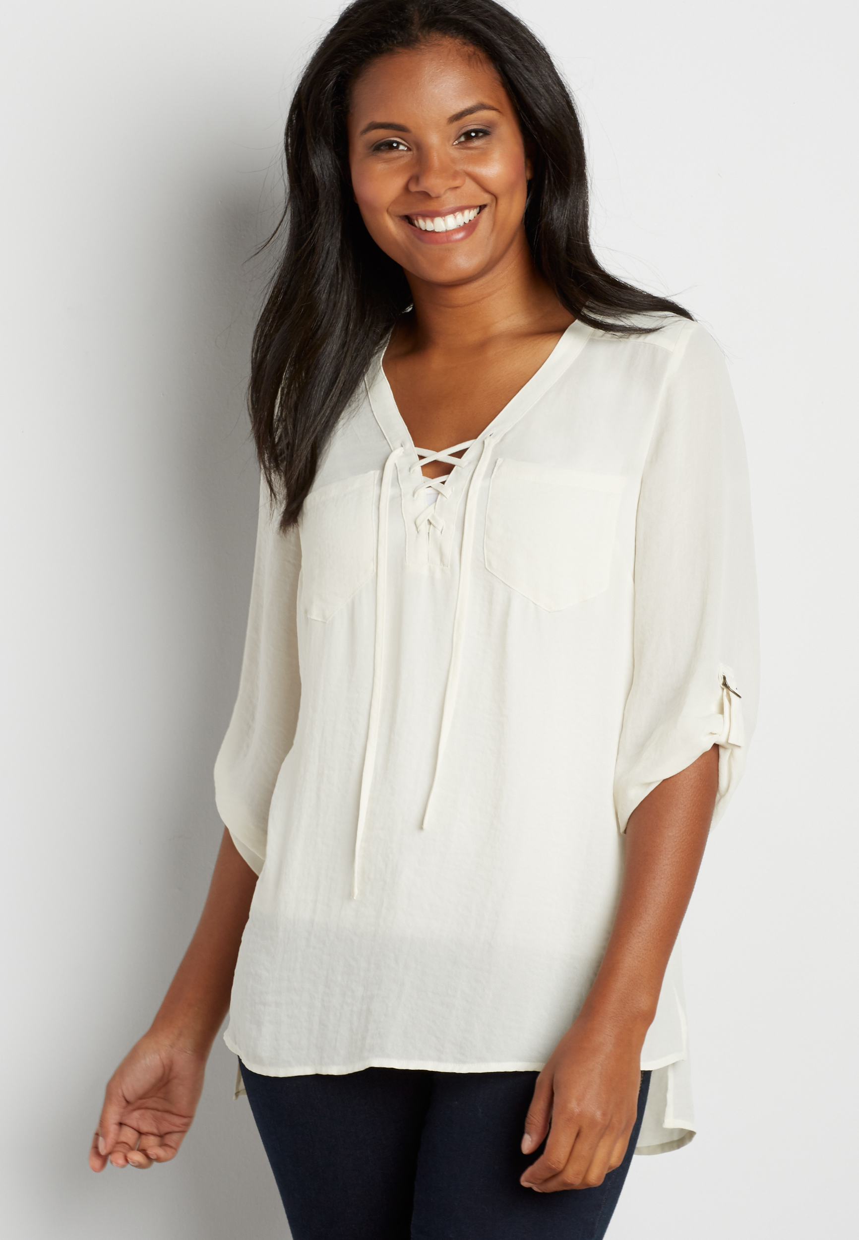 the perfect blouse with lace up neckline in off white | maurices