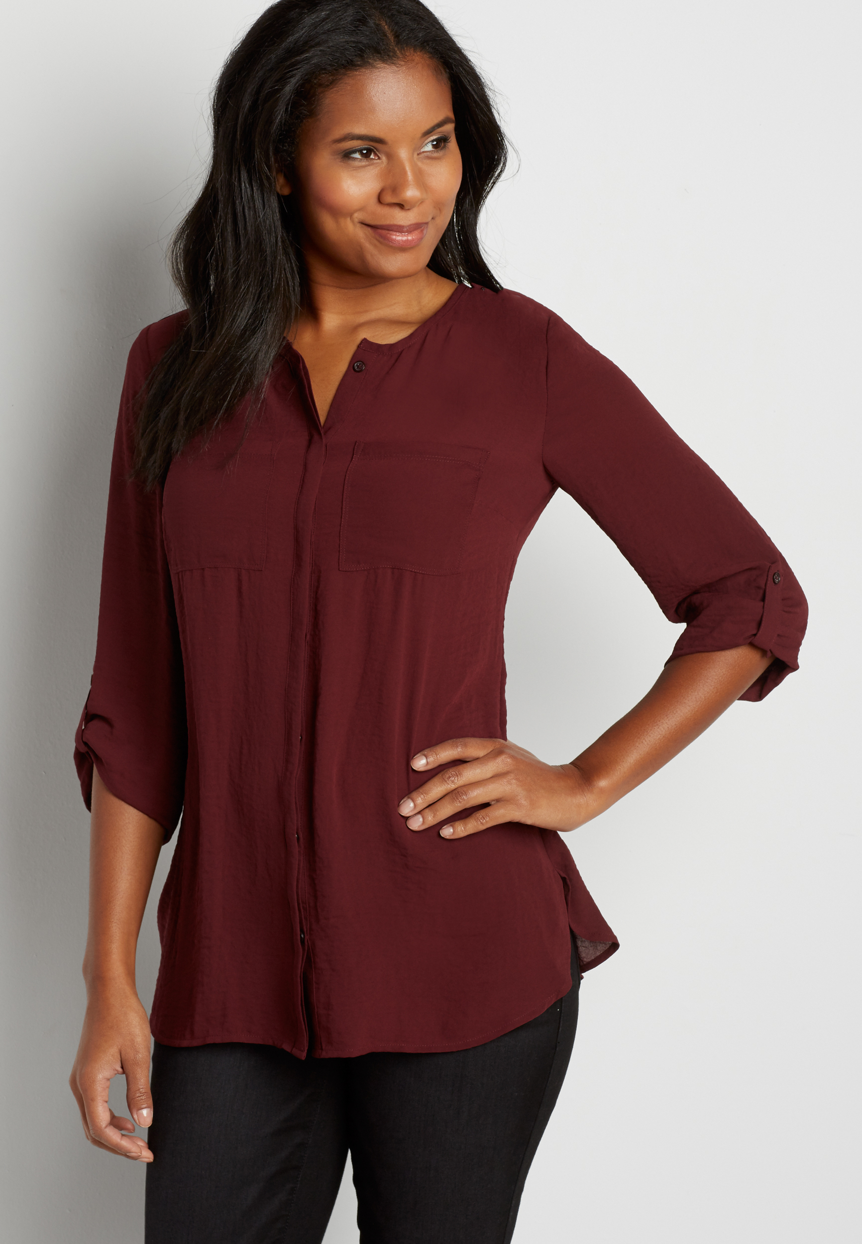 the perfect tunic blouse with button tab shoulders in mulberry | maurices