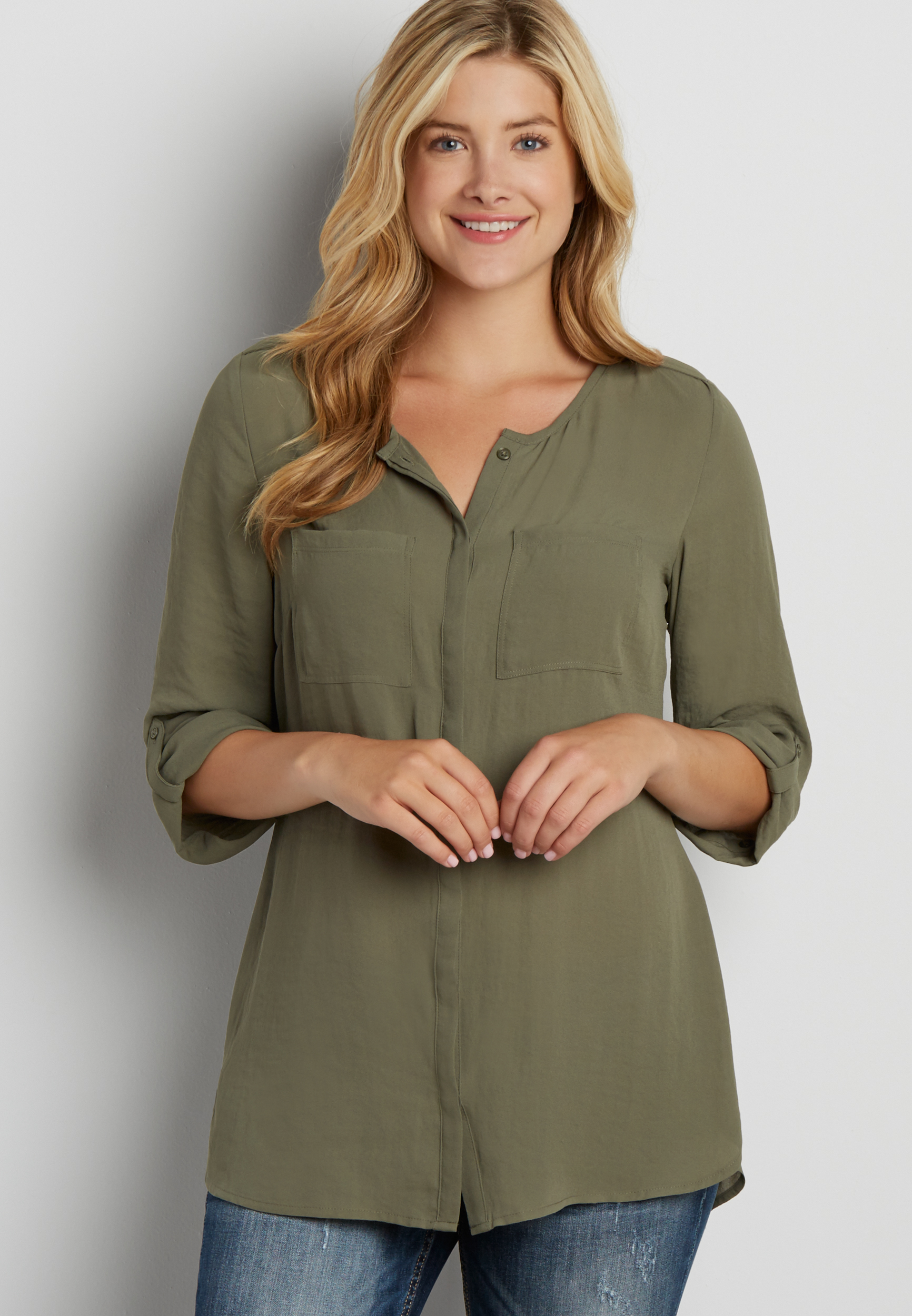 the perfect tunic blouse with button tab shoulders in olive green ...