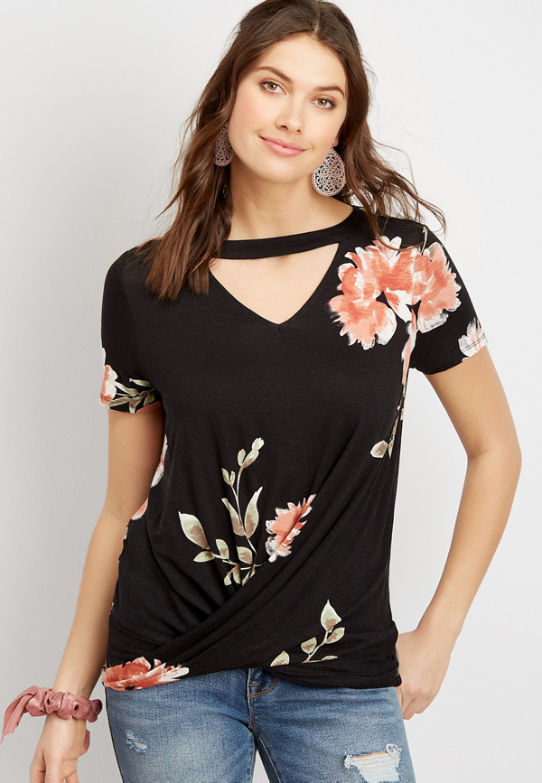 24/7 Black Floral Cut Out Twisted Hem Tee | maurices