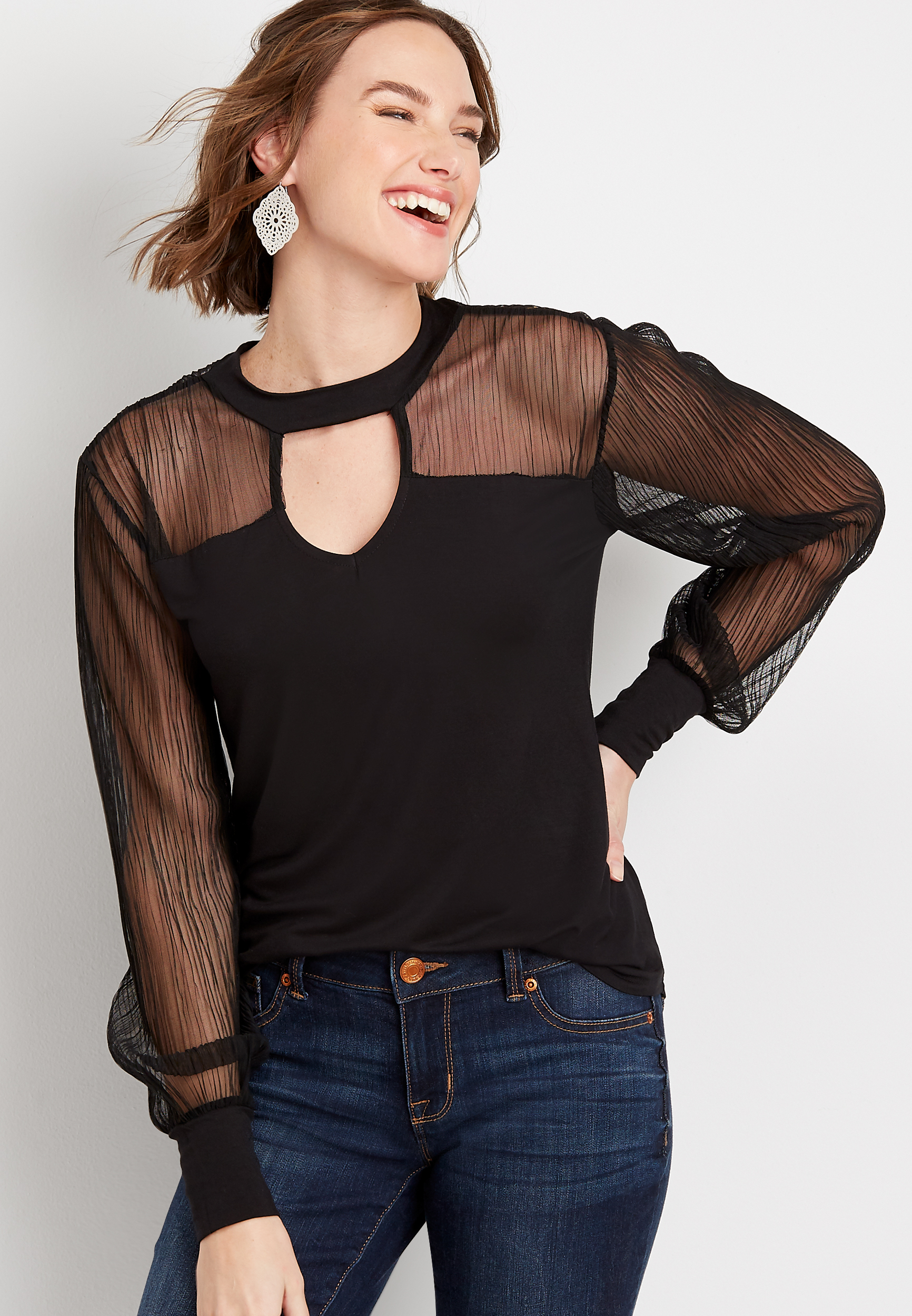 Cut Out Mesh Sleeve Top | maurices