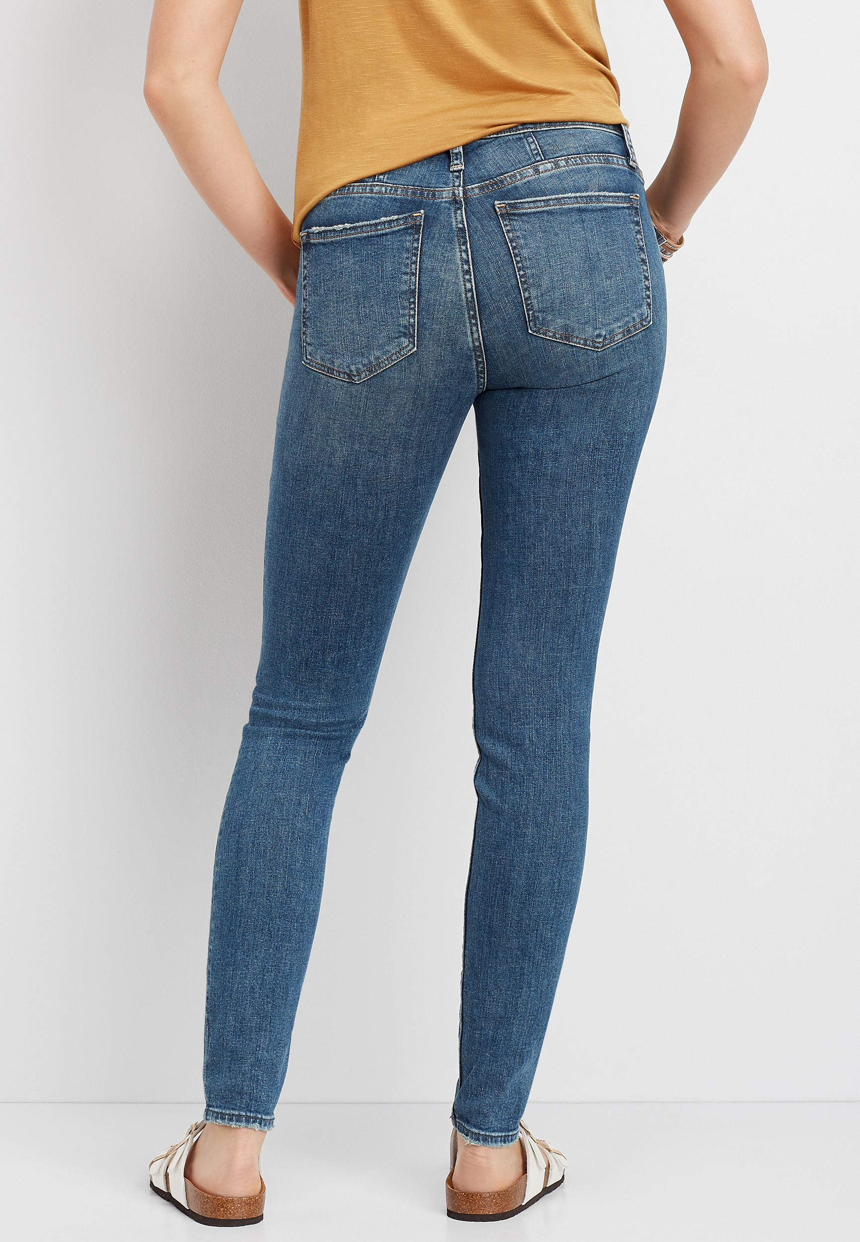 high rise dark wash skinny jeans