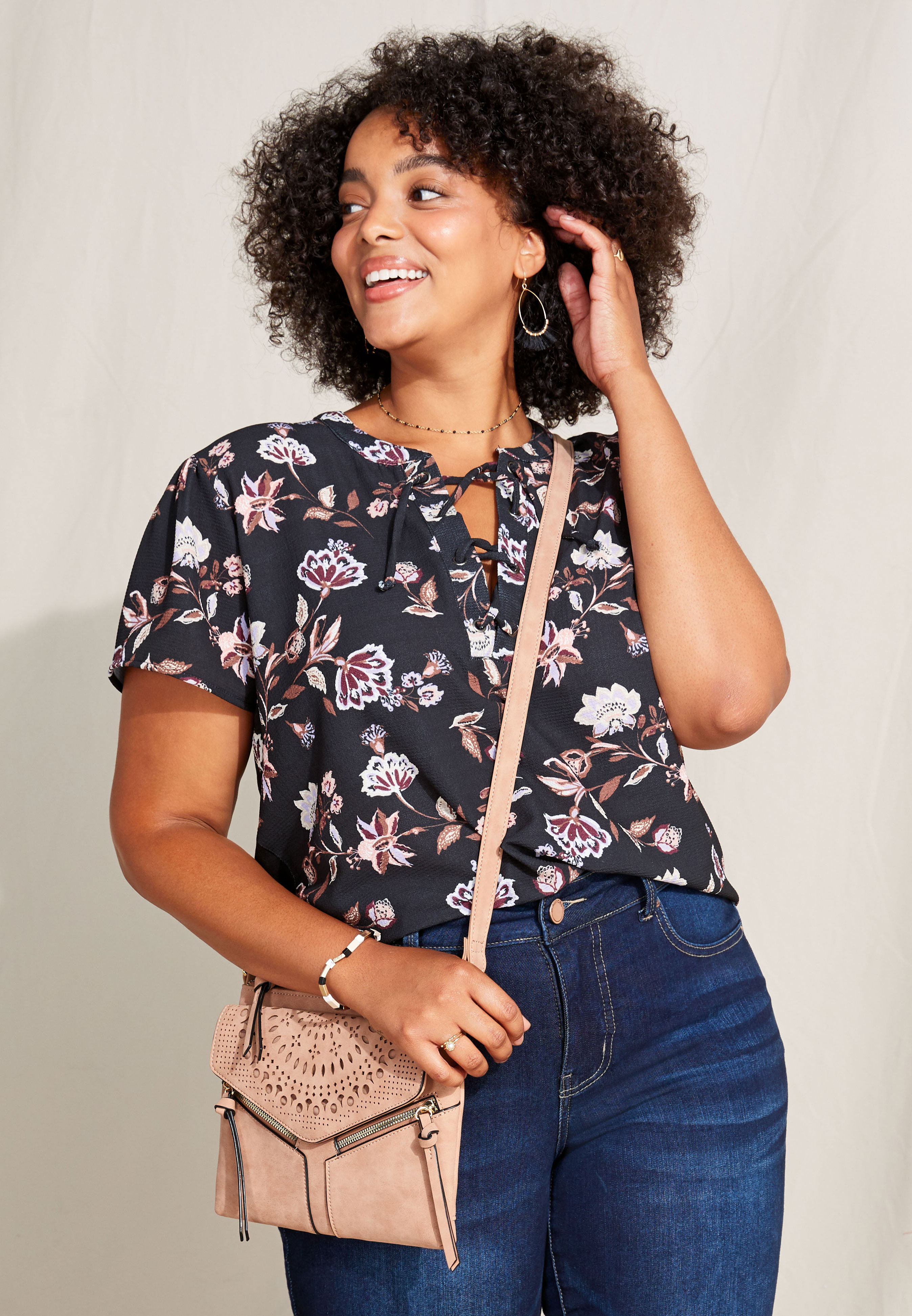 Image of Maurices Plus Size Womens Black Floral Grommet Neck Blouse