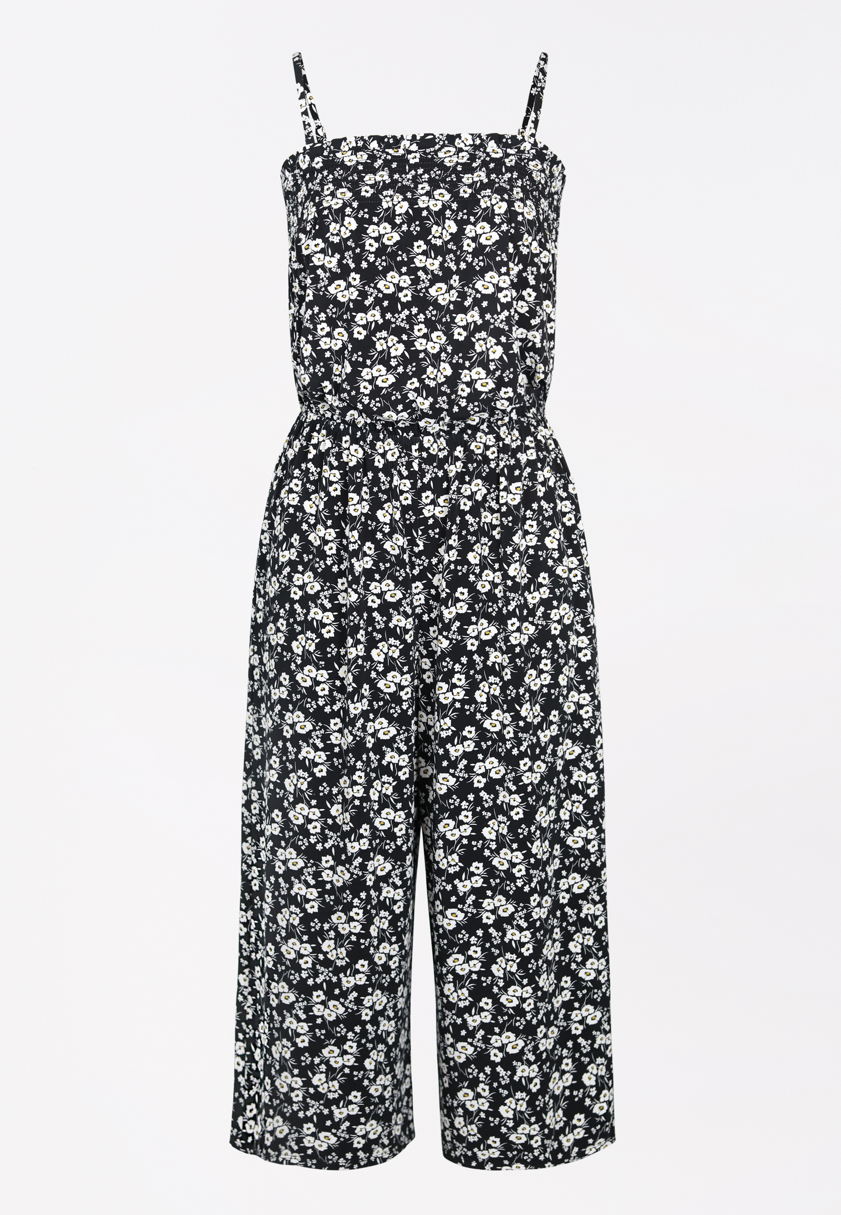 Black Ditsy Floral Smocked Neck Jumpsuit | maurices