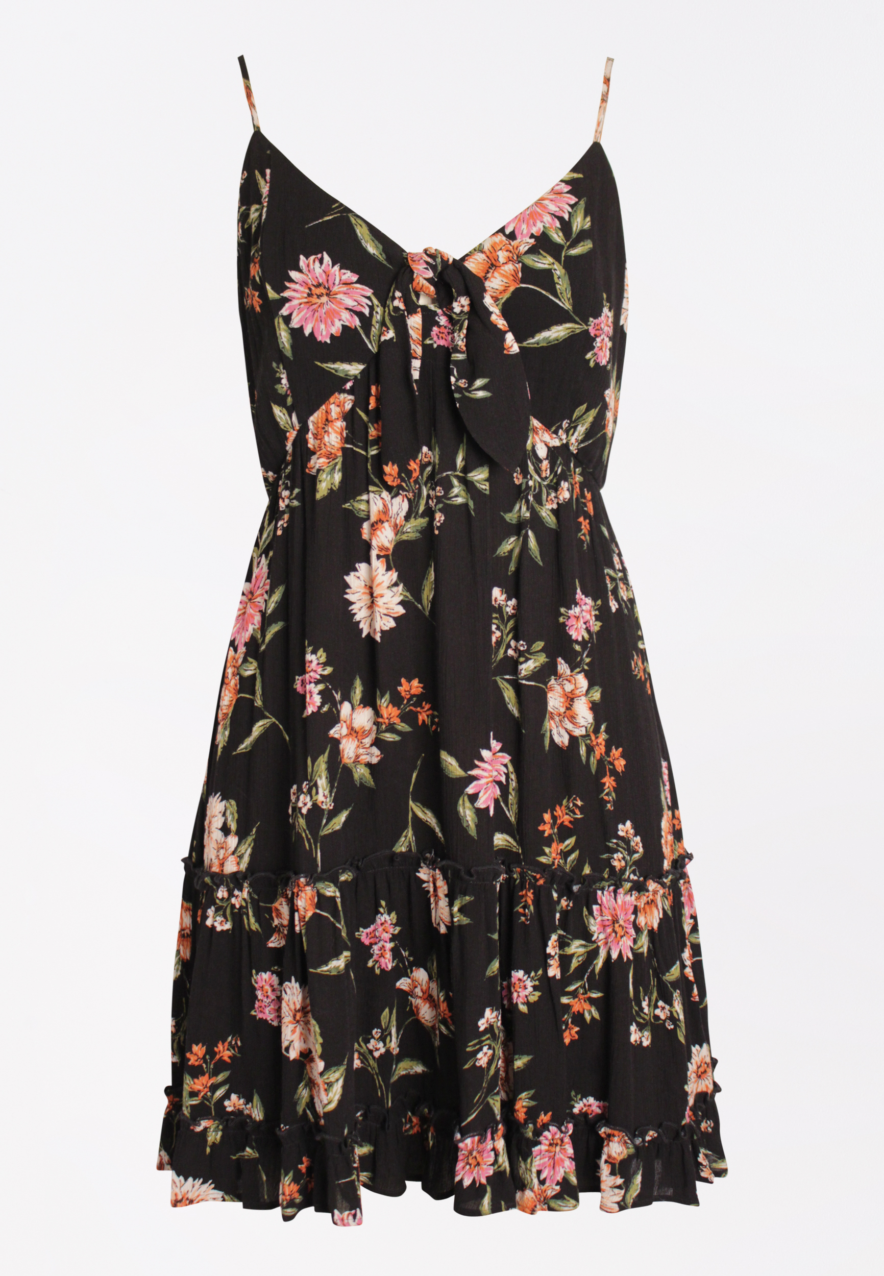 Black Floral Tie Front Babydoll Swing Dress | maurices