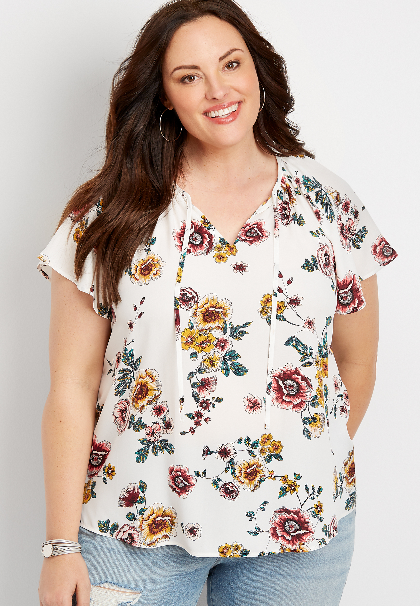Plus Size White Floral Flutter Sleeve Blouse | maurices