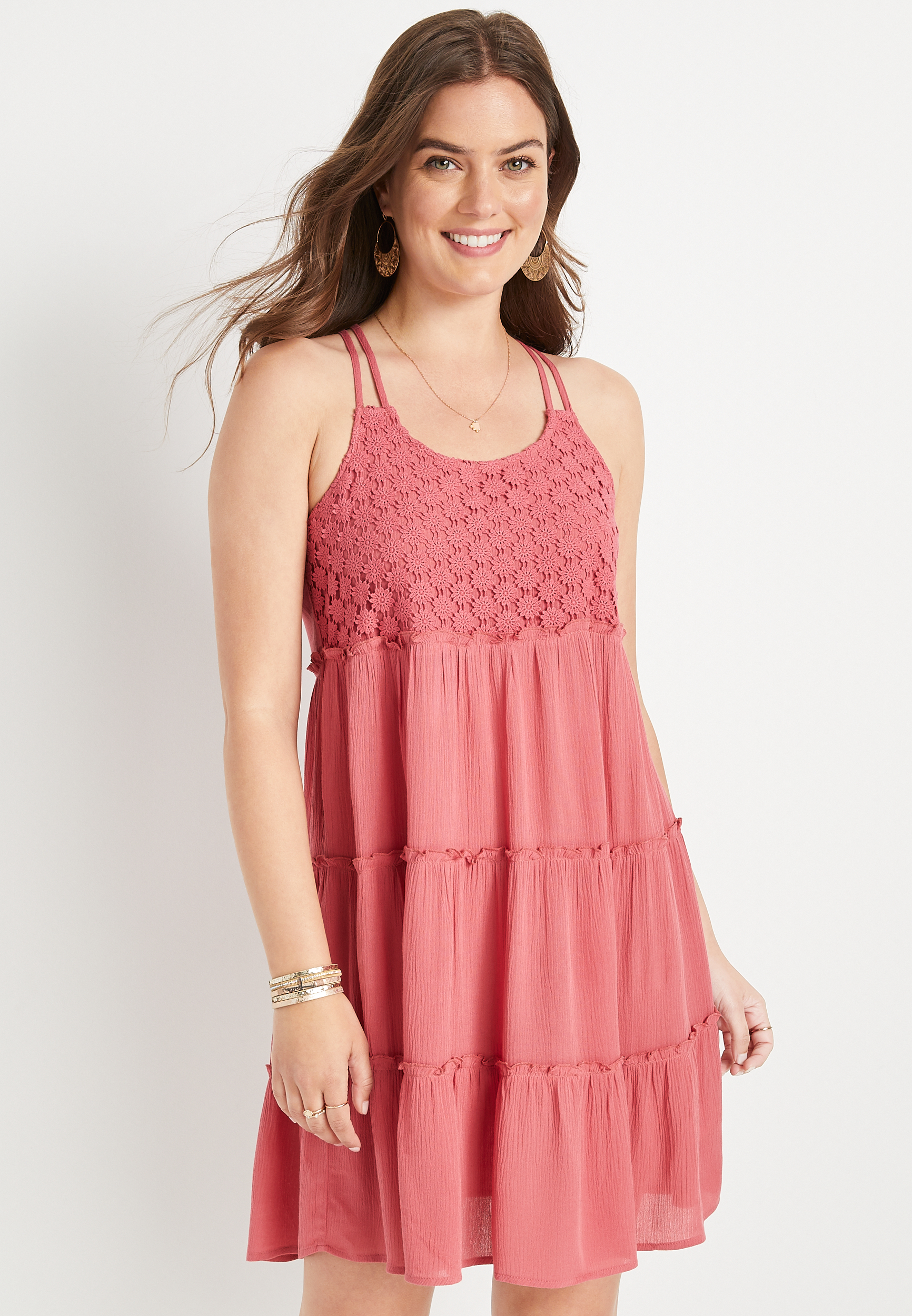Pink Floral Crochet Babydoll Swing Dress | maurices