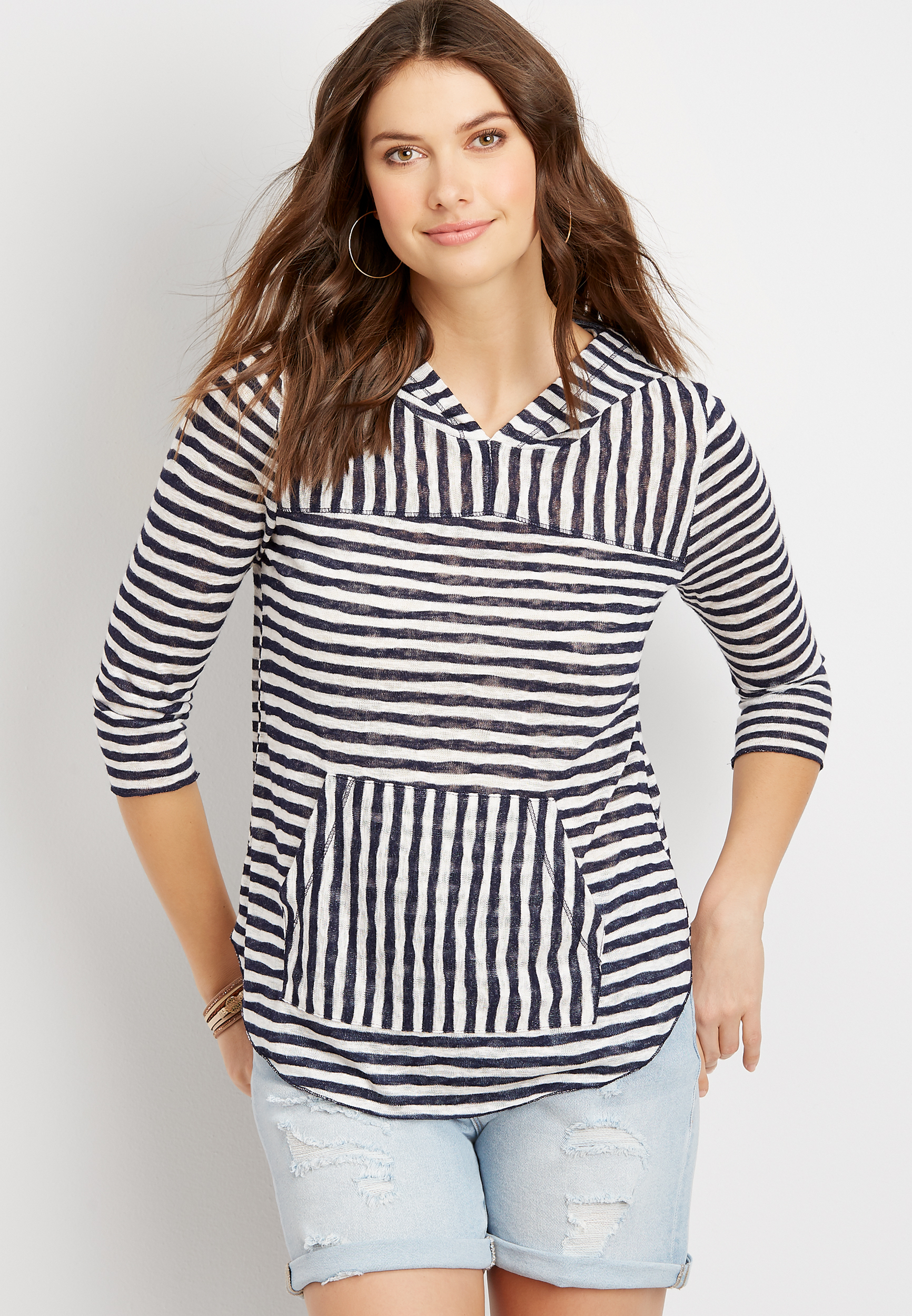 Striped Lightweight Pullover Hoodie Sweater | maurices