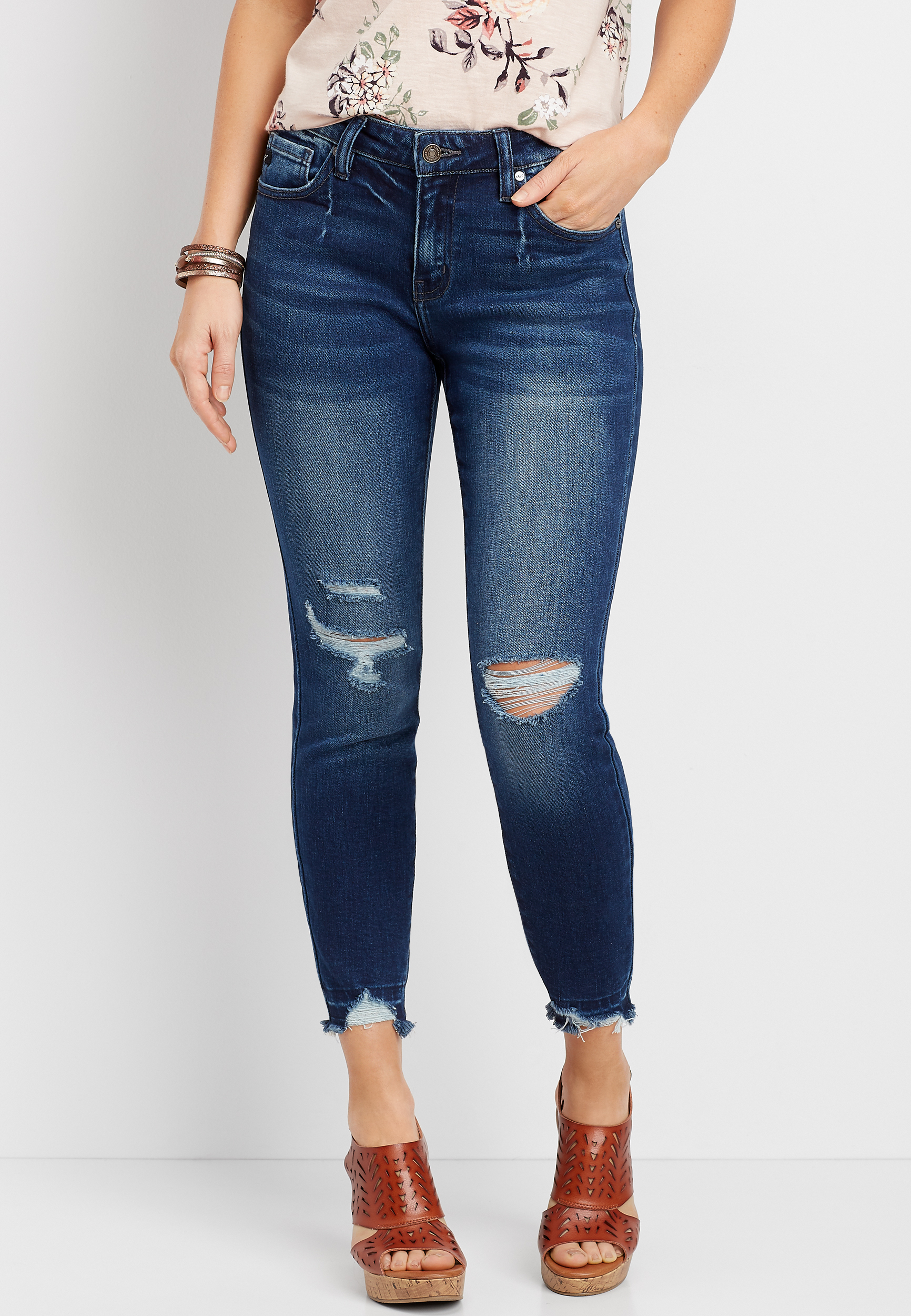 Image of Maurices Womens Kancan&trade; Dark Wash Destructed Hem Skinny Jeans Blue