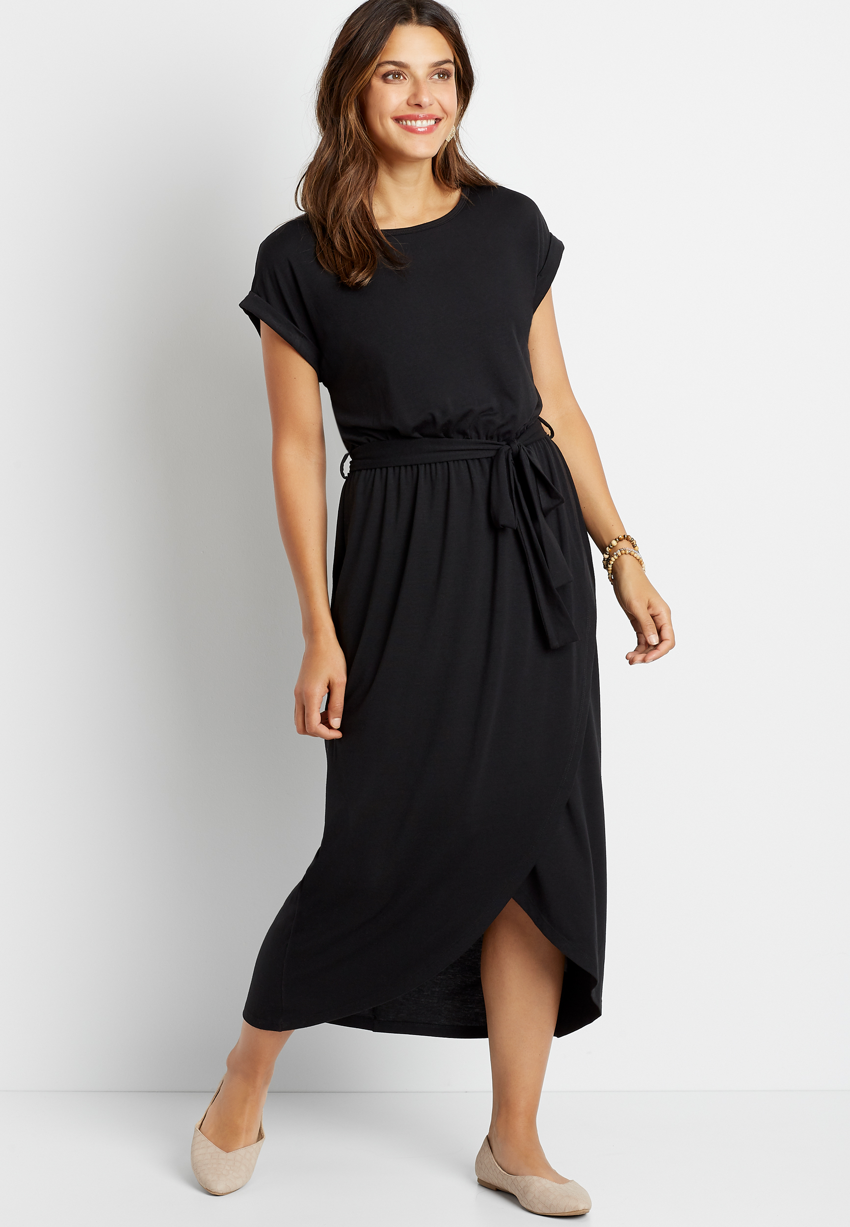Black Solid Wrap Midi Dress | maurices