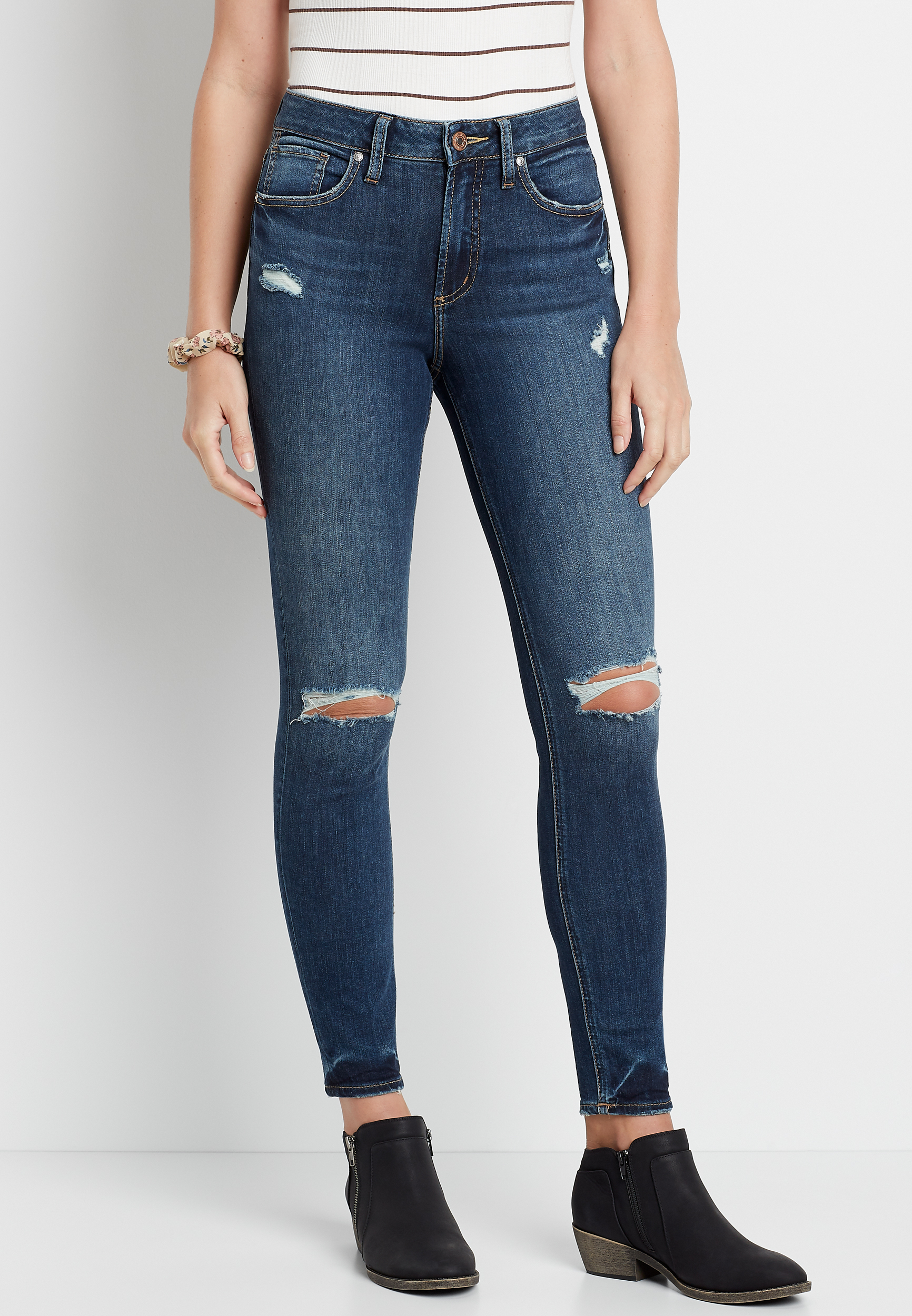 Image of Silver Jeans Co.® Womens Avery High Rise Dark Destructed Skinny Jean Blue Denim - Maurices